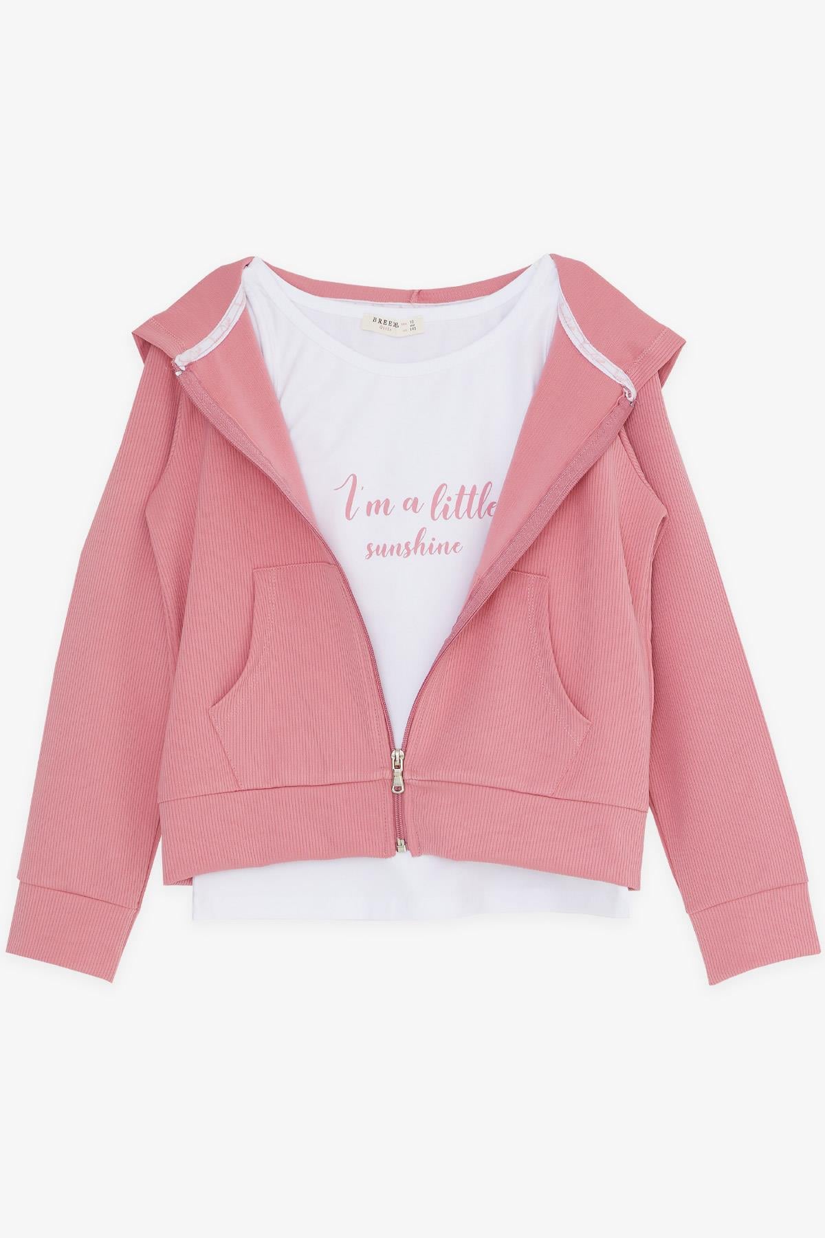 Breeze Kız Çocuk 3 lü Taytlı Takım Fitilli Fermuarlı Geniş Paça Gülkurusu (9-14 Yaş)