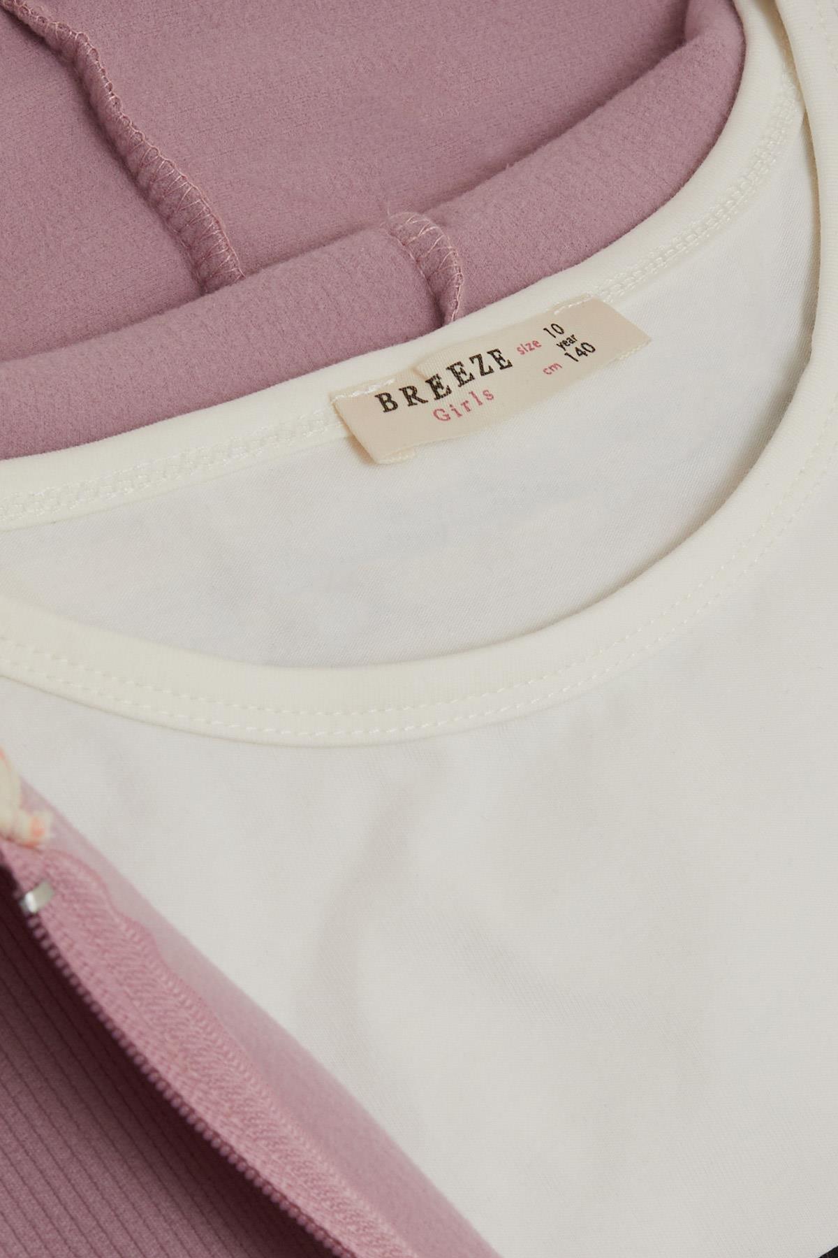 Breeze Kız Çocuk 3 lü Taytlı Takım Fitilli Fermuarlı Yazı Baskılı Gülkurusu (9-14 Yaş)