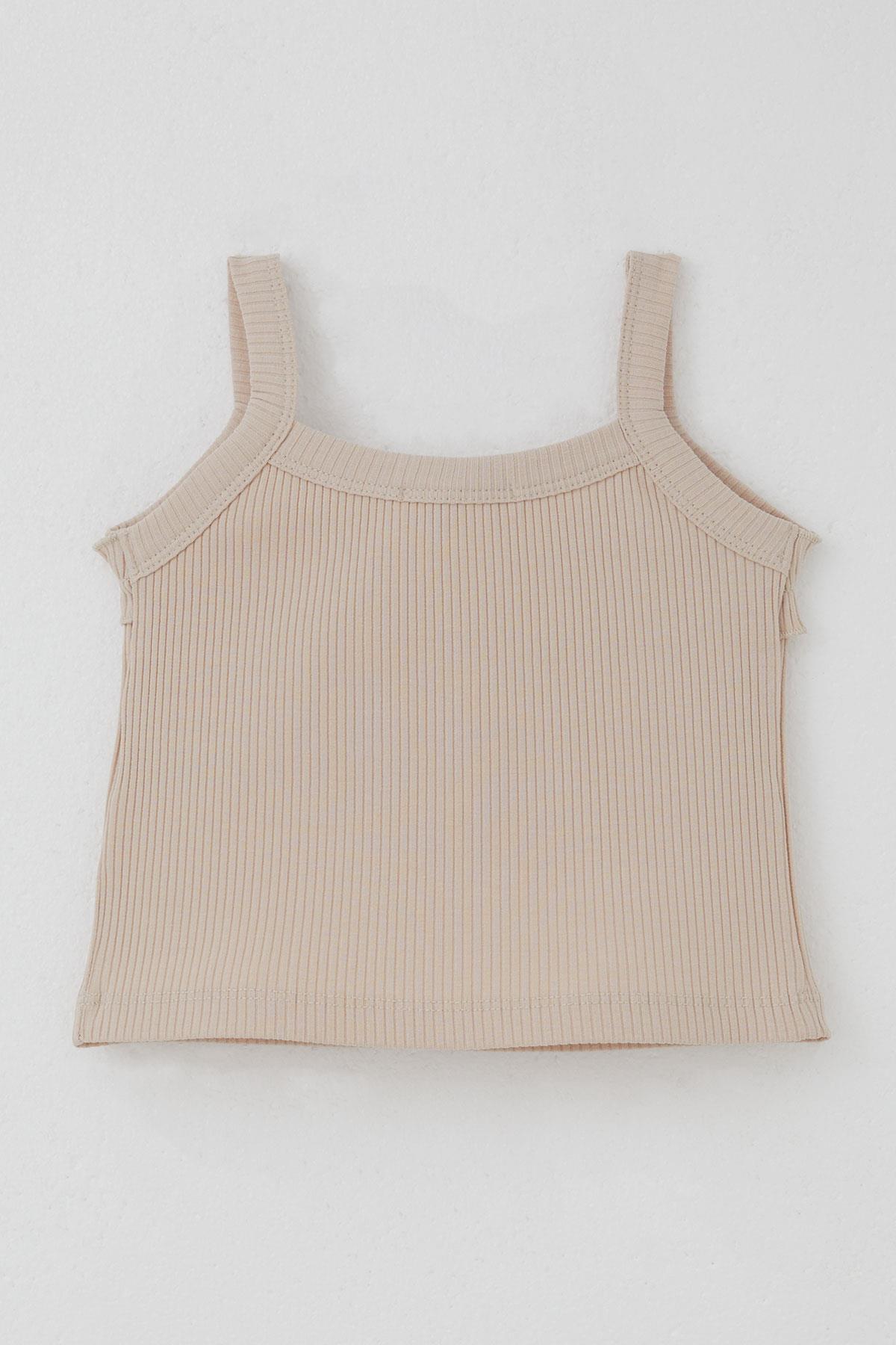 Breeze Kız Çocuk Askılı Crop Tişört Fırfır Detaylı Bej (8-14 Yaş)