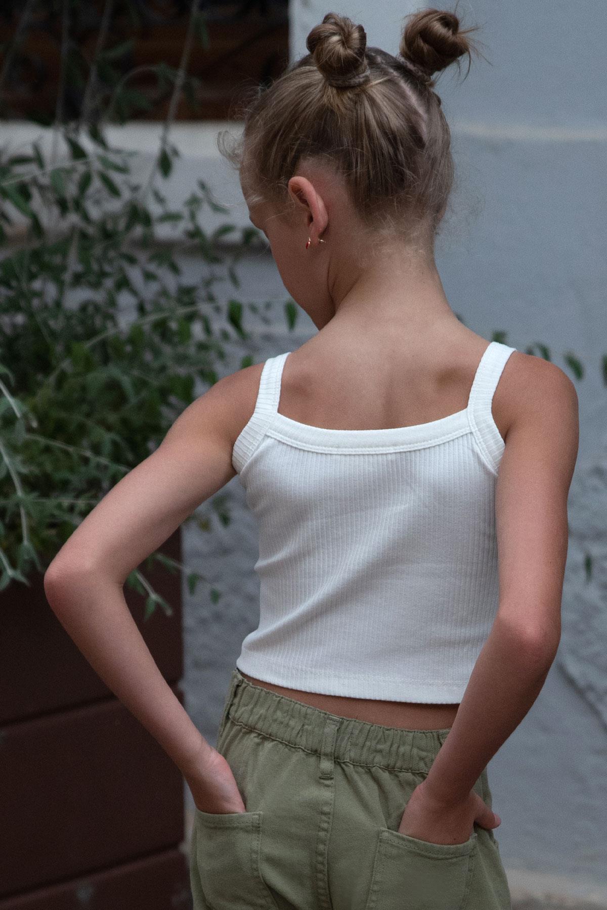 Breeze Kız Çocuk Askılı Crop Tişört Fırfır Detaylı Ekru (10-14 Yaş)