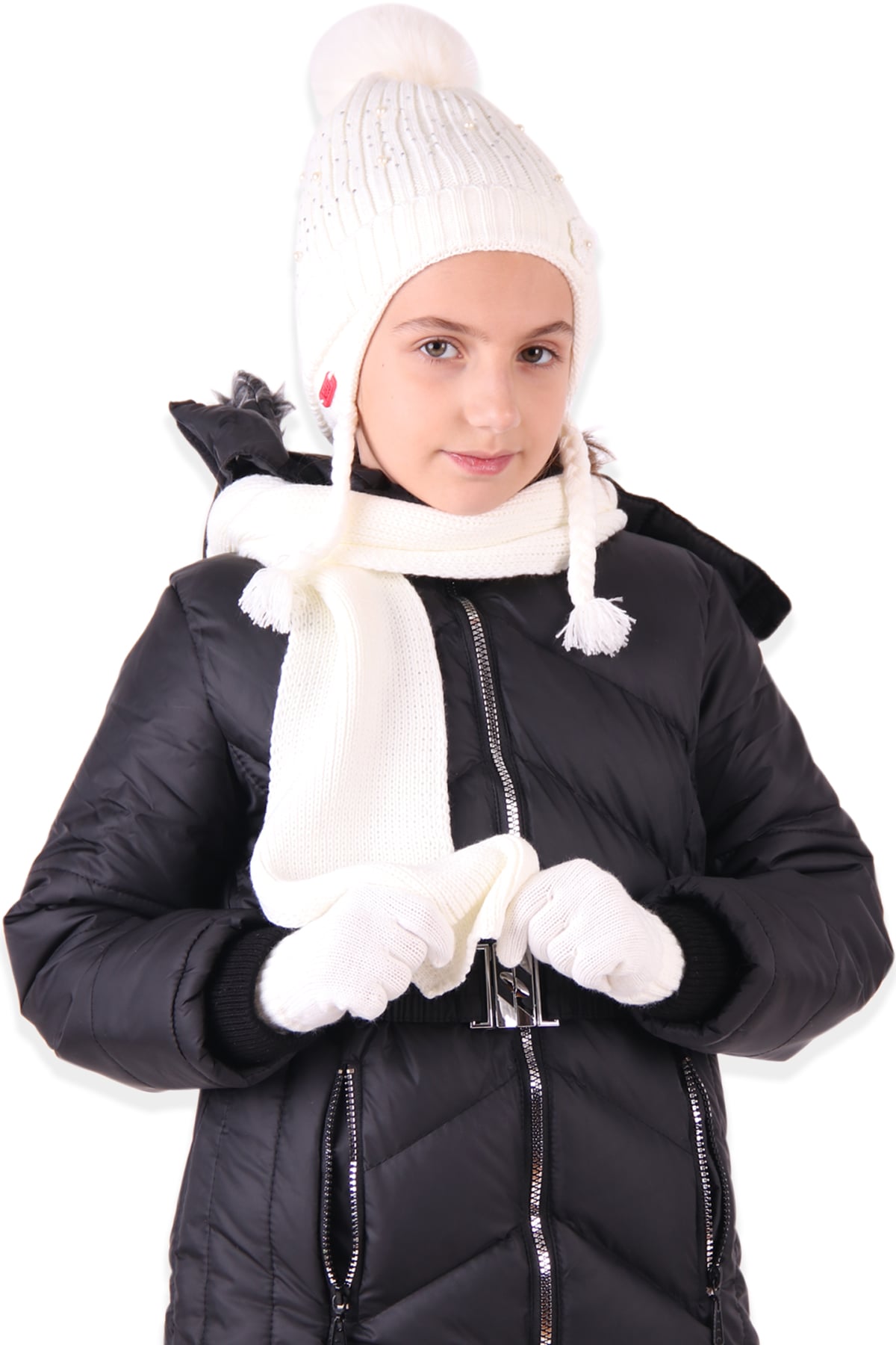 BREEZE Kız Çocuk Atkı Bere Takımı Taşlı Krem ( 4-8 Yaş )