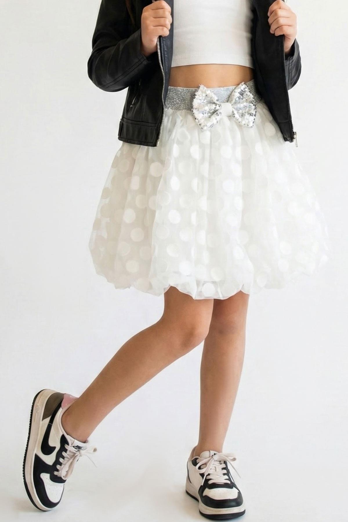 Breeze Kız Çocuk Balon Etek Puan Desenli Fiyonk Aksesuarlı Ekru (5-9 Yaş)