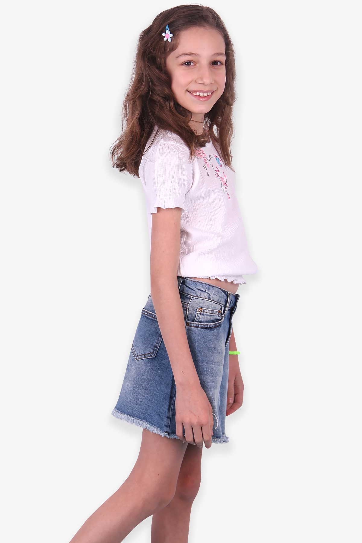 Breeze Kiz Çocuk Bluz Göbek Üstü Kanaviçe Nakisli Beyaz (8-14 Yaş)