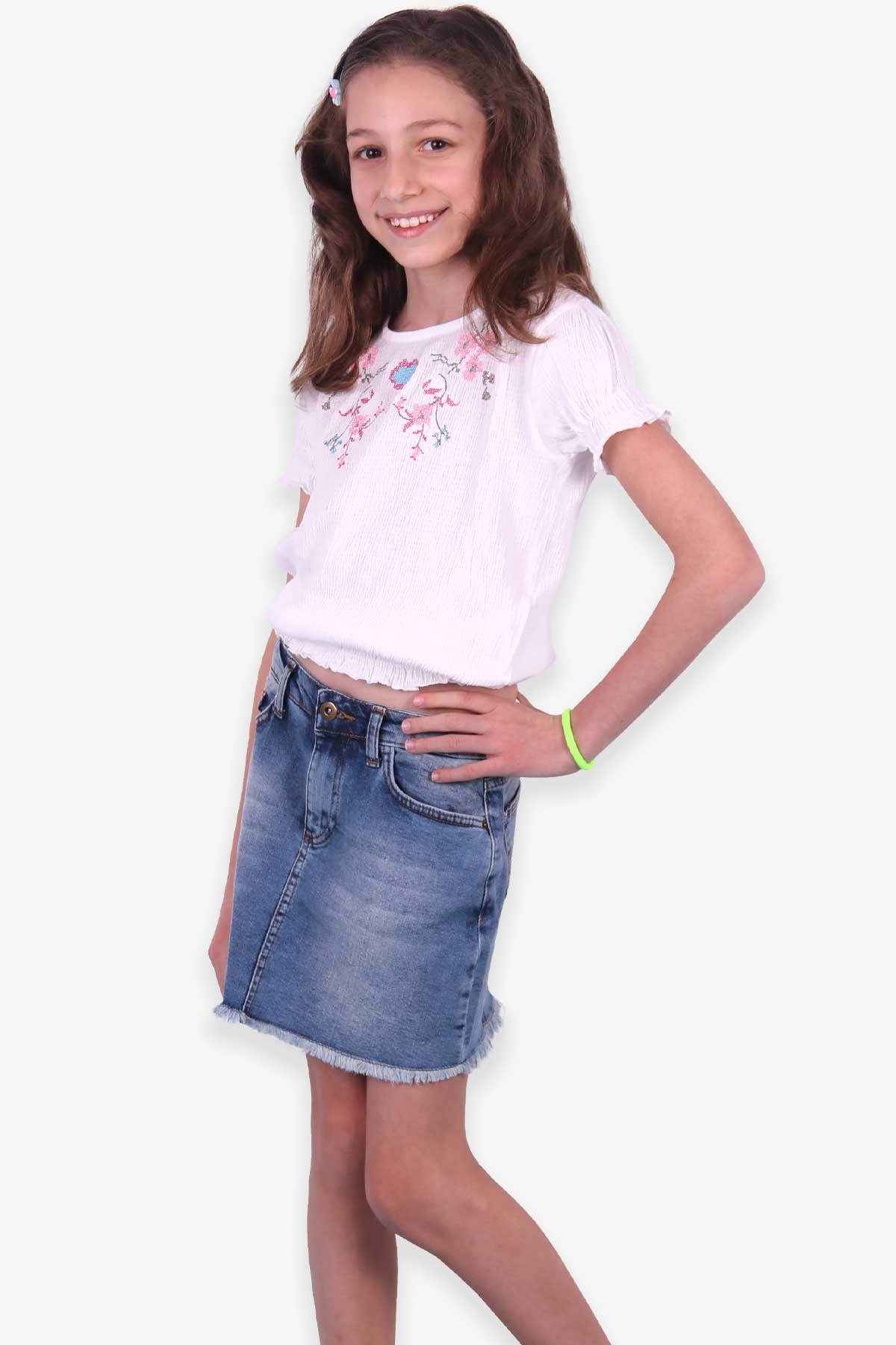 Breeze Kiz Çocuk Bluz Göbek Üstü Kanaviçe Nakisli Beyaz (8-14 Yaş)