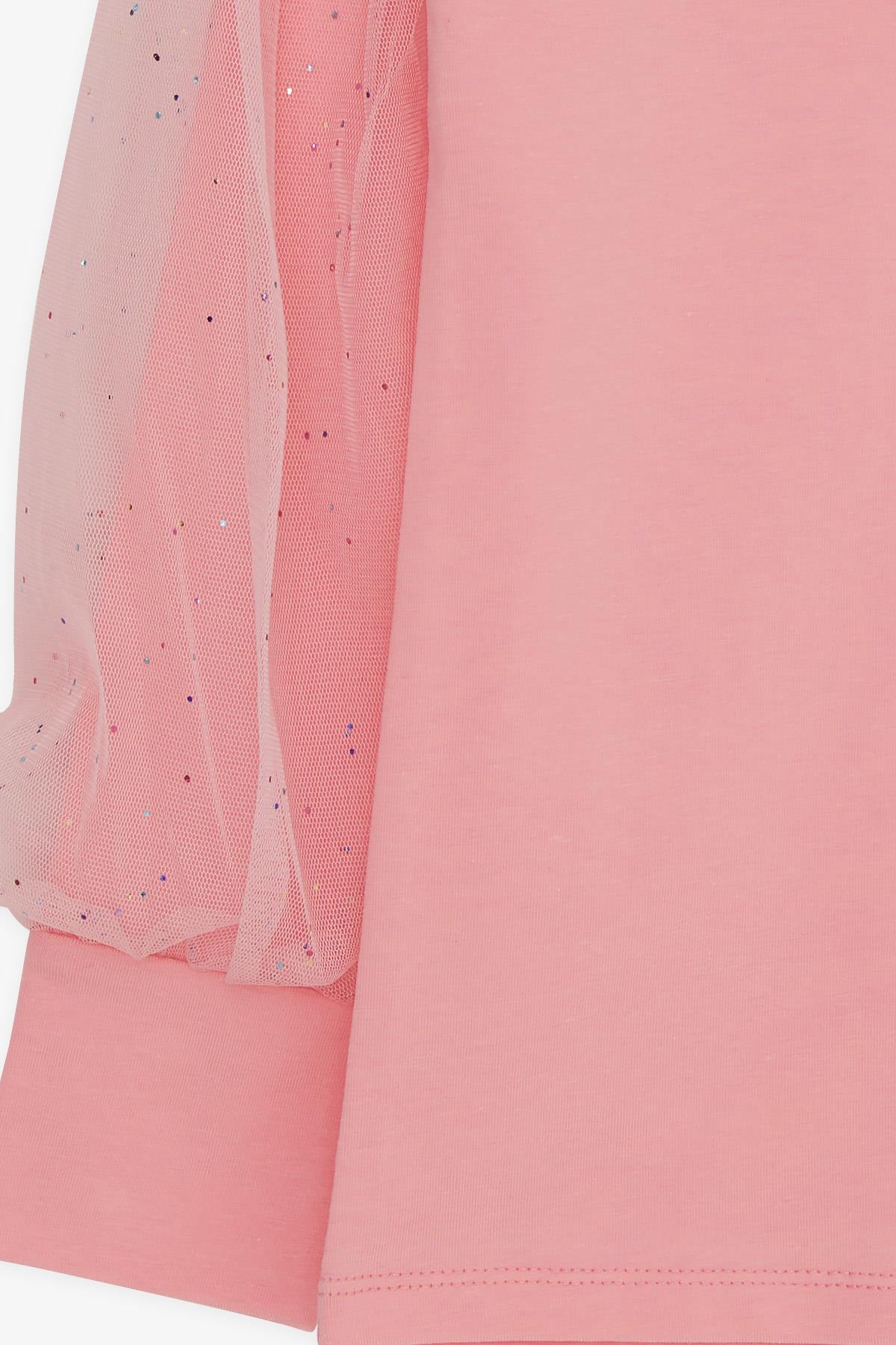 Breeze Kız Çocuk Bluz Kolları Tüllü Renkli Simli Pembe (8-12 Yaş)