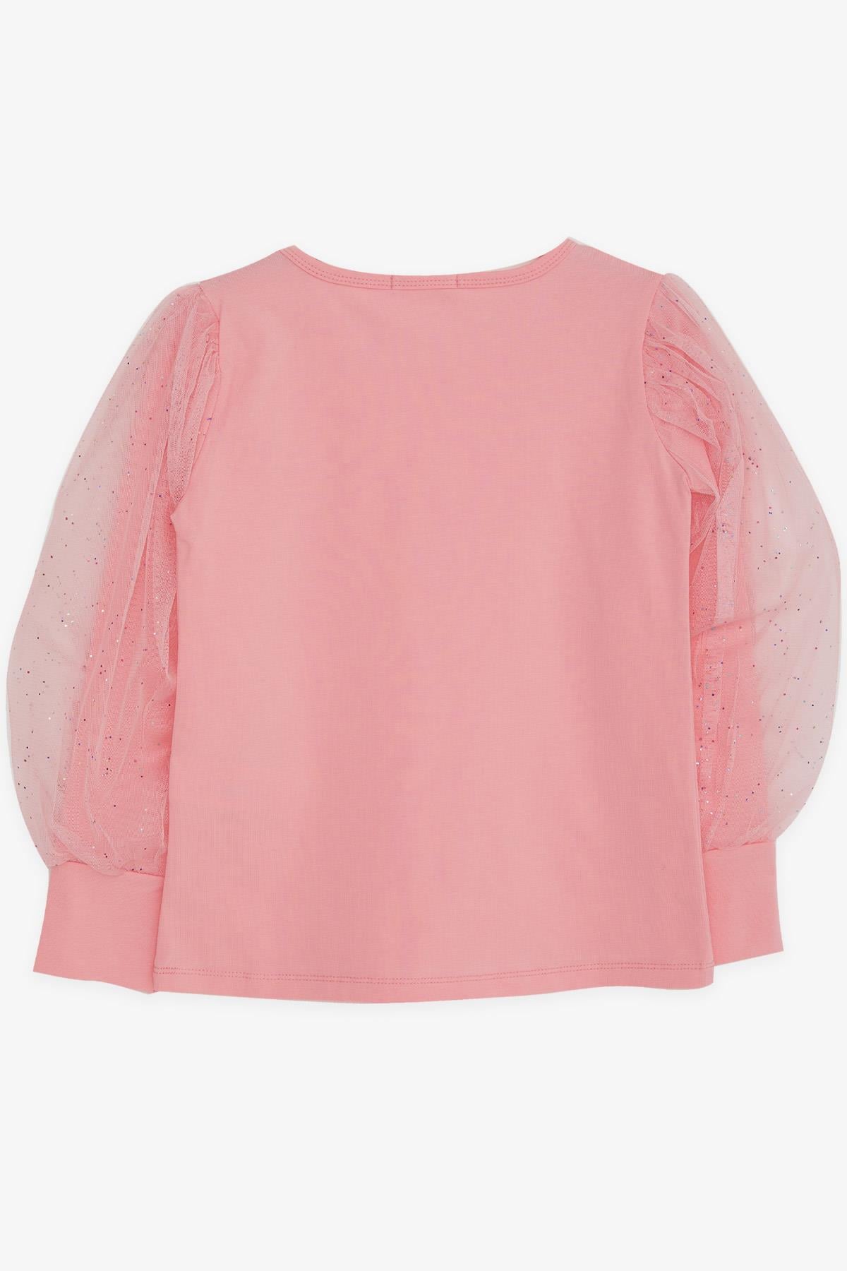 Breeze Kız Çocuk Bluz Kolları Tüllü Renkli Simli Pembe (8-12 Yaş)