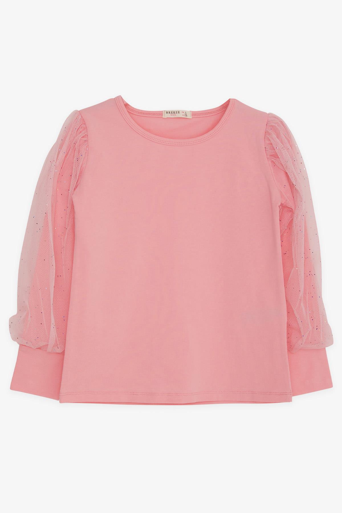 Breeze Kız Çocuk Bluz Kolları Tüllü Renkli Simli Pembe (8-12 Yaş)