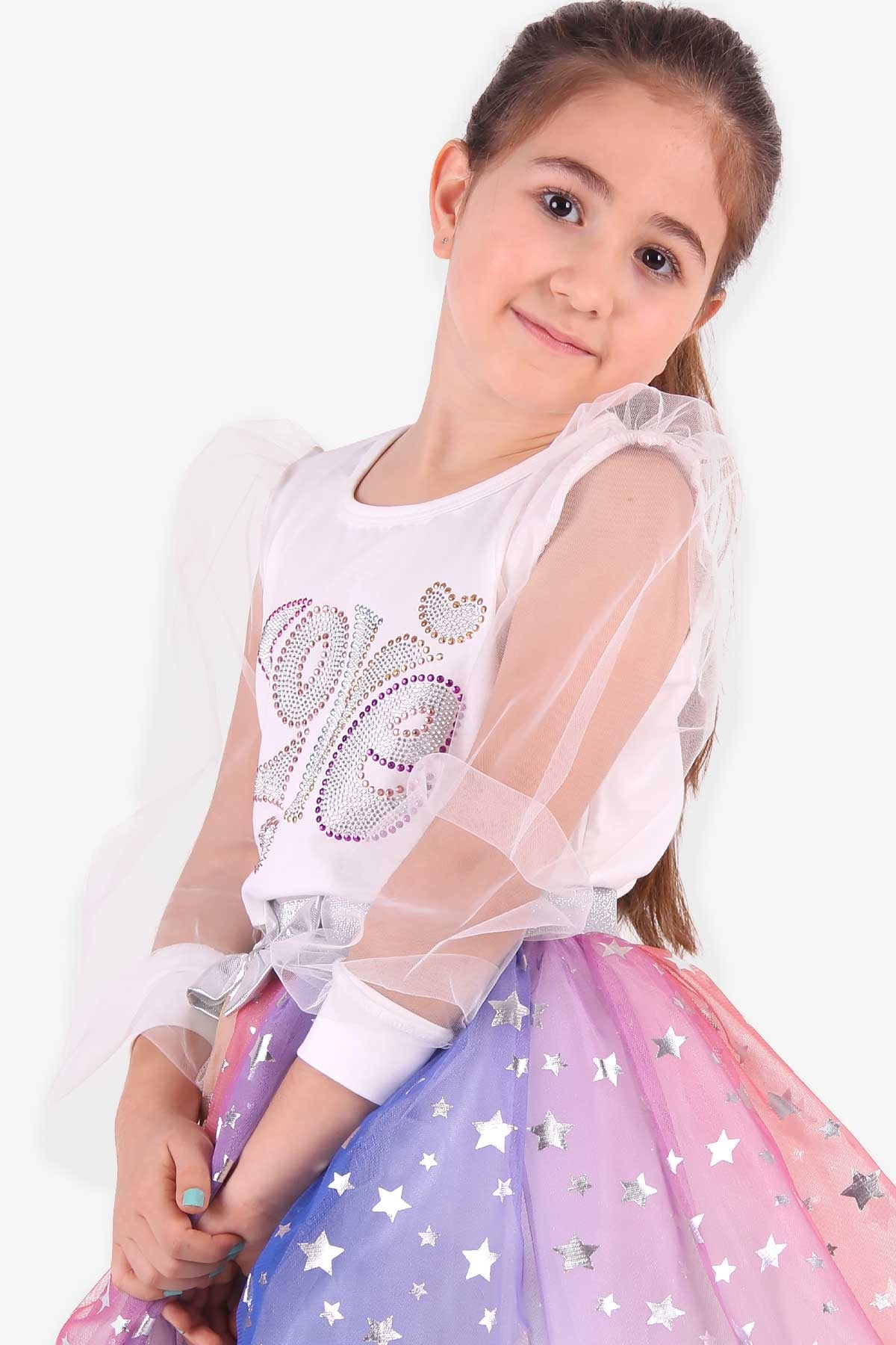 Breeze Kız Çocuk Bluz Taşlı Tüllü  Ekru (6-12 Yaş)