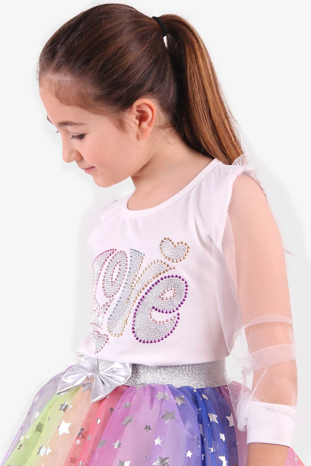 Breeze Kız Çocuk Bluz Taşlı Tüllü  Ekru (6-12 Yaş)