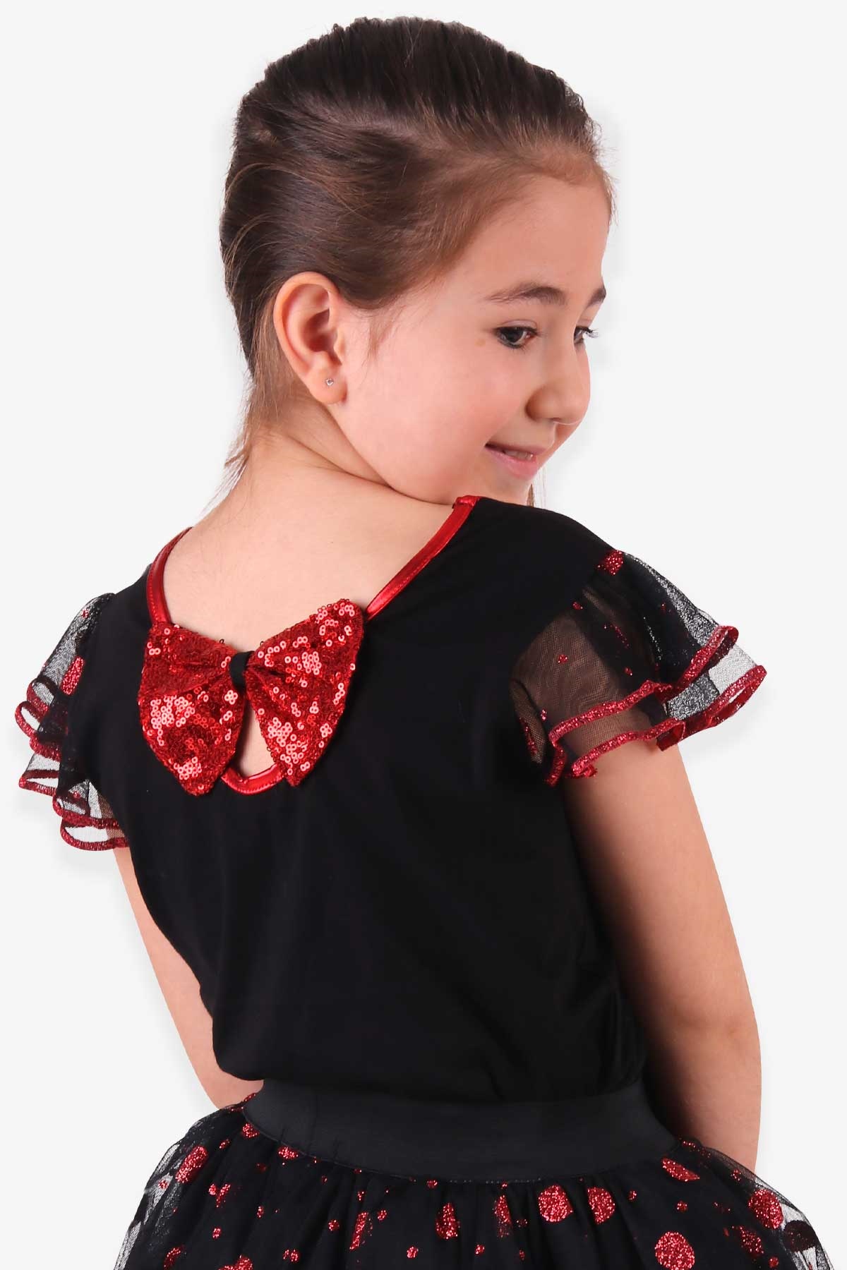 Breeze Kız Çocuk Bluz Tişört Pullu Fiyonklu Siyah(12-14 Yaş)