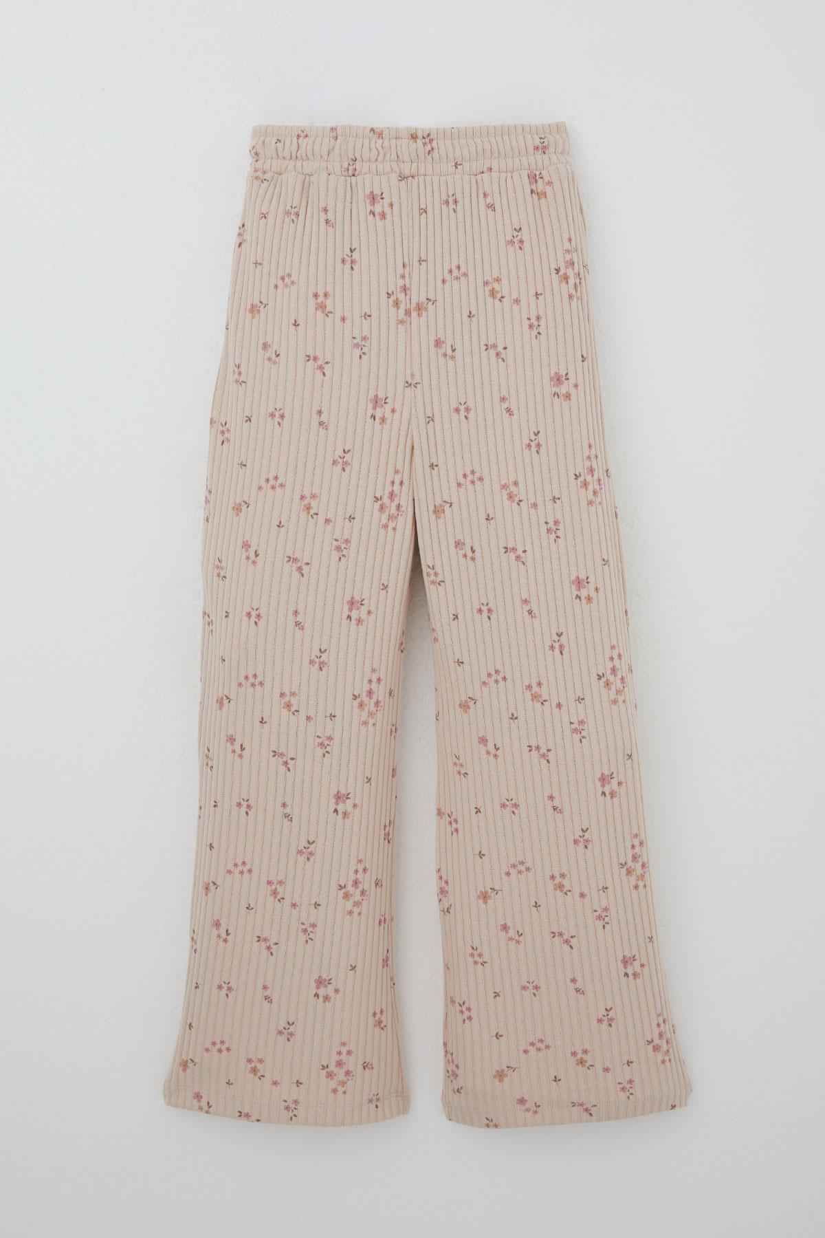 Breeze Kız Çocuk Çiçek Desenli Takım Pantolonu Fiyonk Aksesuarlı Pudra (4-8 Yaş)