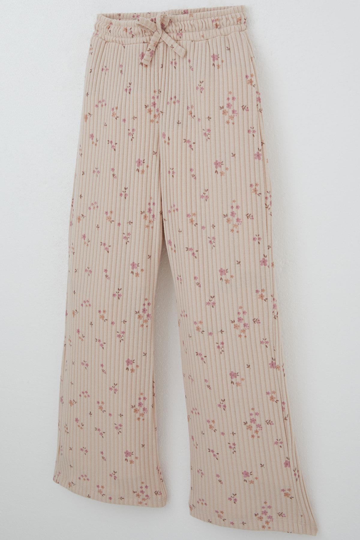 Breeze Kız Çocuk Çiçek Desenli Takım Pantolonu Fiyonk Aksesuarlı Pudra (4-8 Yaş)