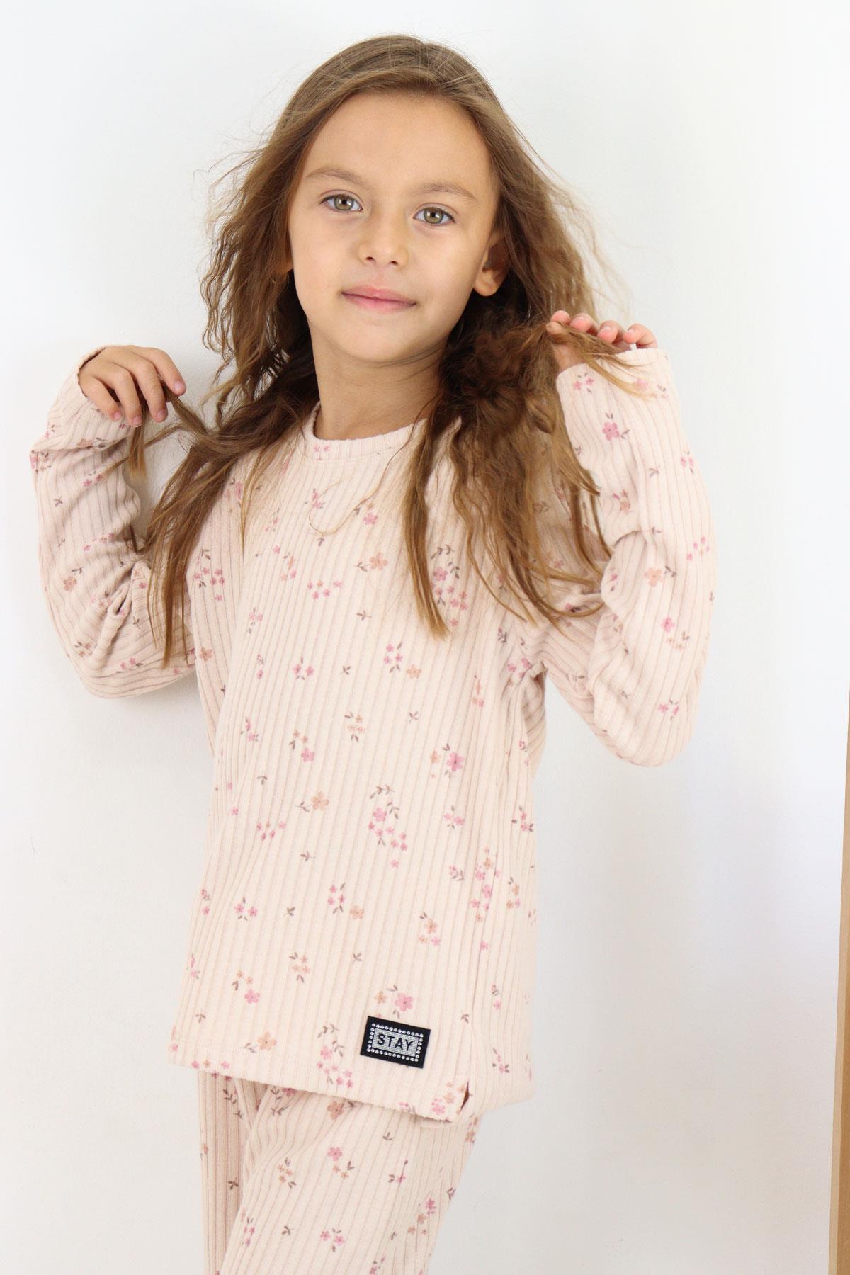 Breeze Kız Çocuk Çiçek Desenli Takım Pantolonu Fiyonk Aksesuarlı Pudra (4-8 Yaş)
