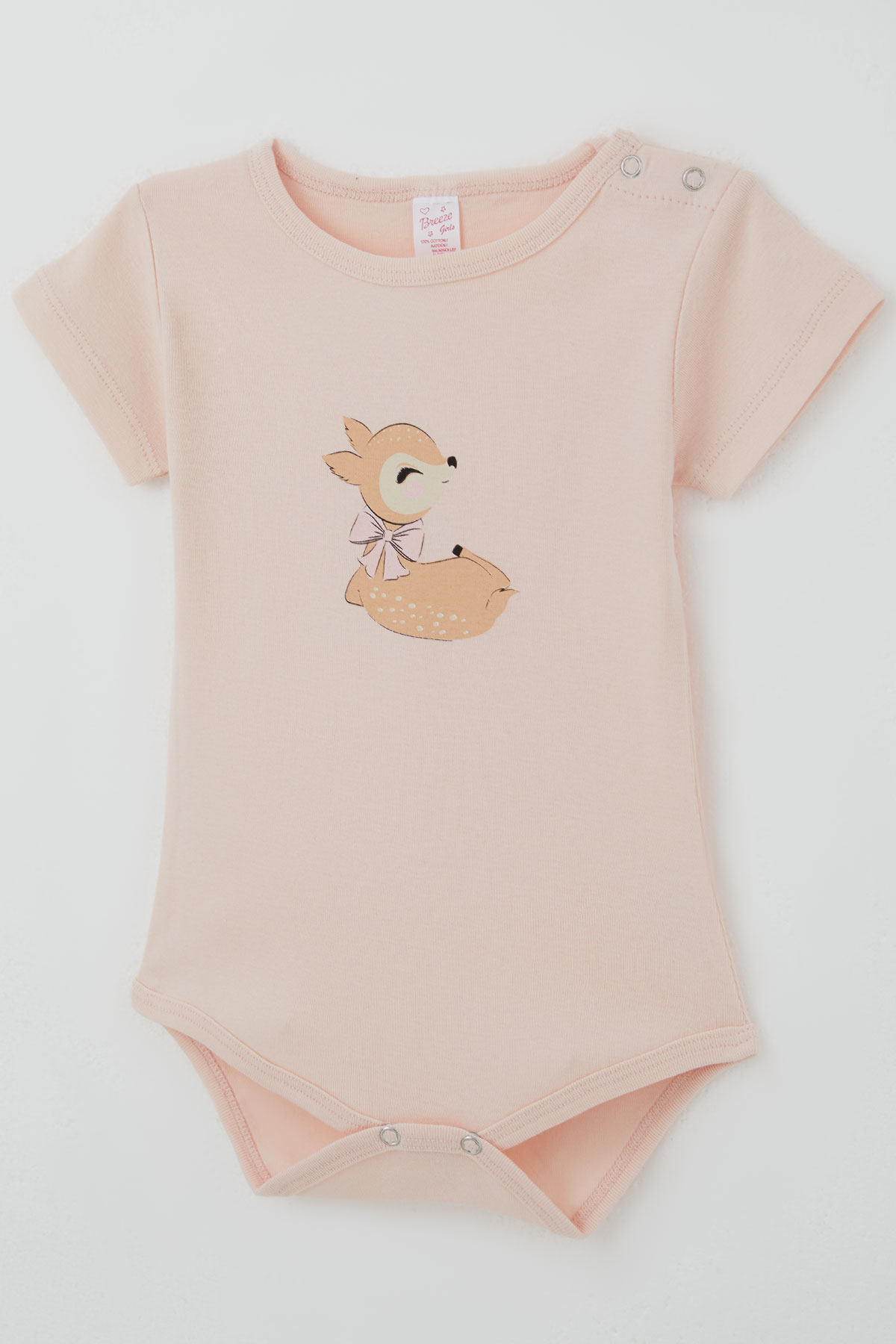 Breeze Kız Çocuk Çıtçıtlı Kısa Kollu Zıbın Body Sevimli Ceylan Baskılı Pudra (1-3 Yaş)