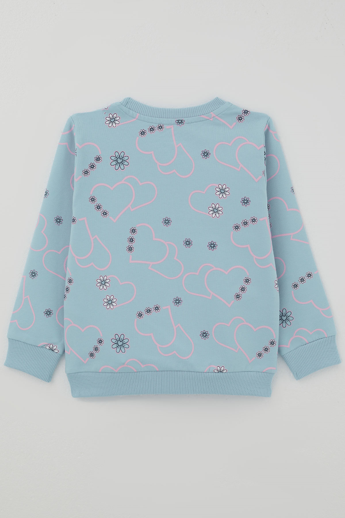 Breeze Kız Çocuk Cool Sweatshirt Çiçek Desenli Kalpli Açık Mavi (3-8 Yaş)