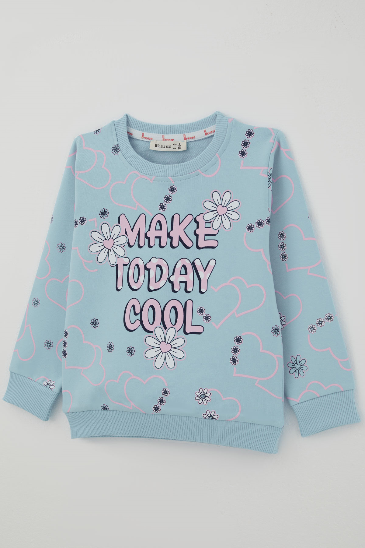 Breeze Kız Çocuk Cool Sweatshirt Çiçek Desenli Kalpli Açık Mavi (3-8 Yaş)