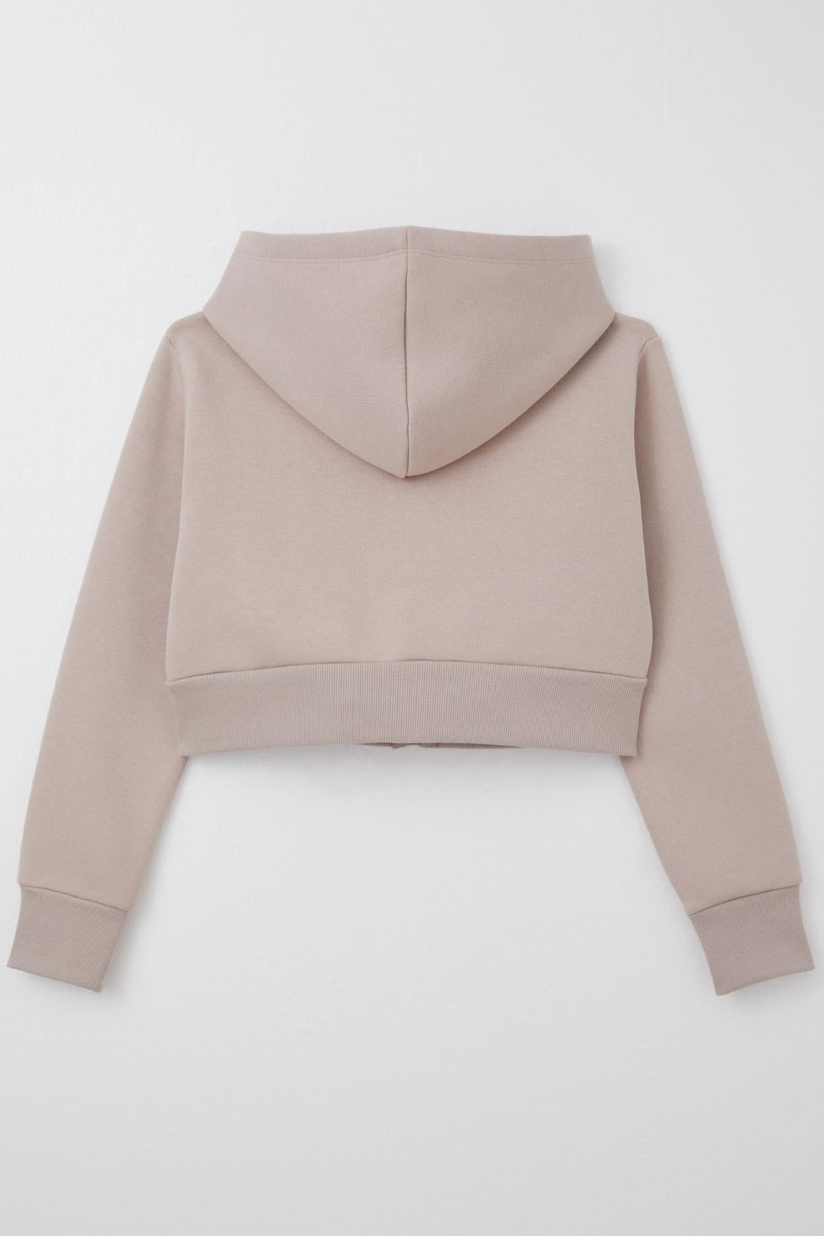 Breeze Kız Çocuk Crop Hırka Fermuarlı Kapüşonlu Vizon (8-14 Yaş)