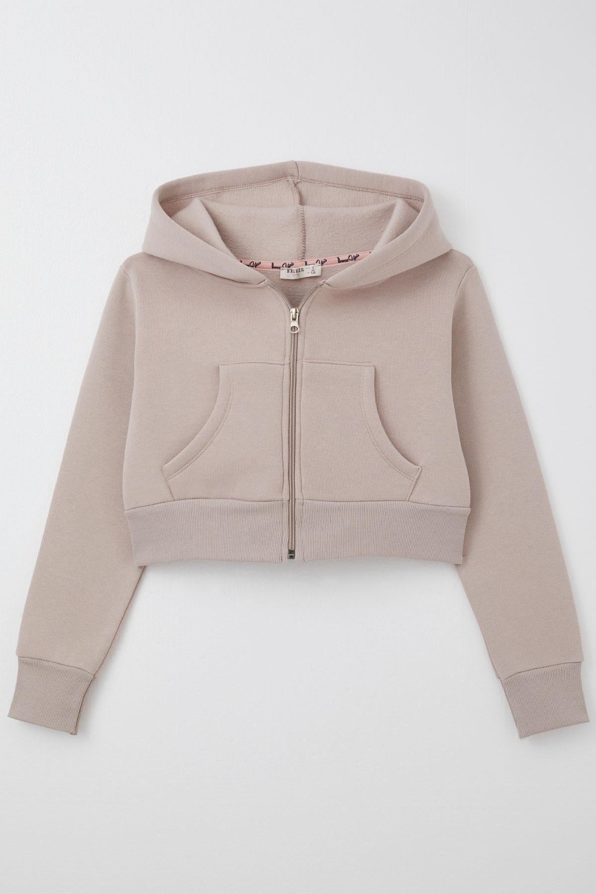 Breeze Kız Çocuk Crop Hırka Fermuarlı Kapüşonlu Vizon (8-14 Yaş)