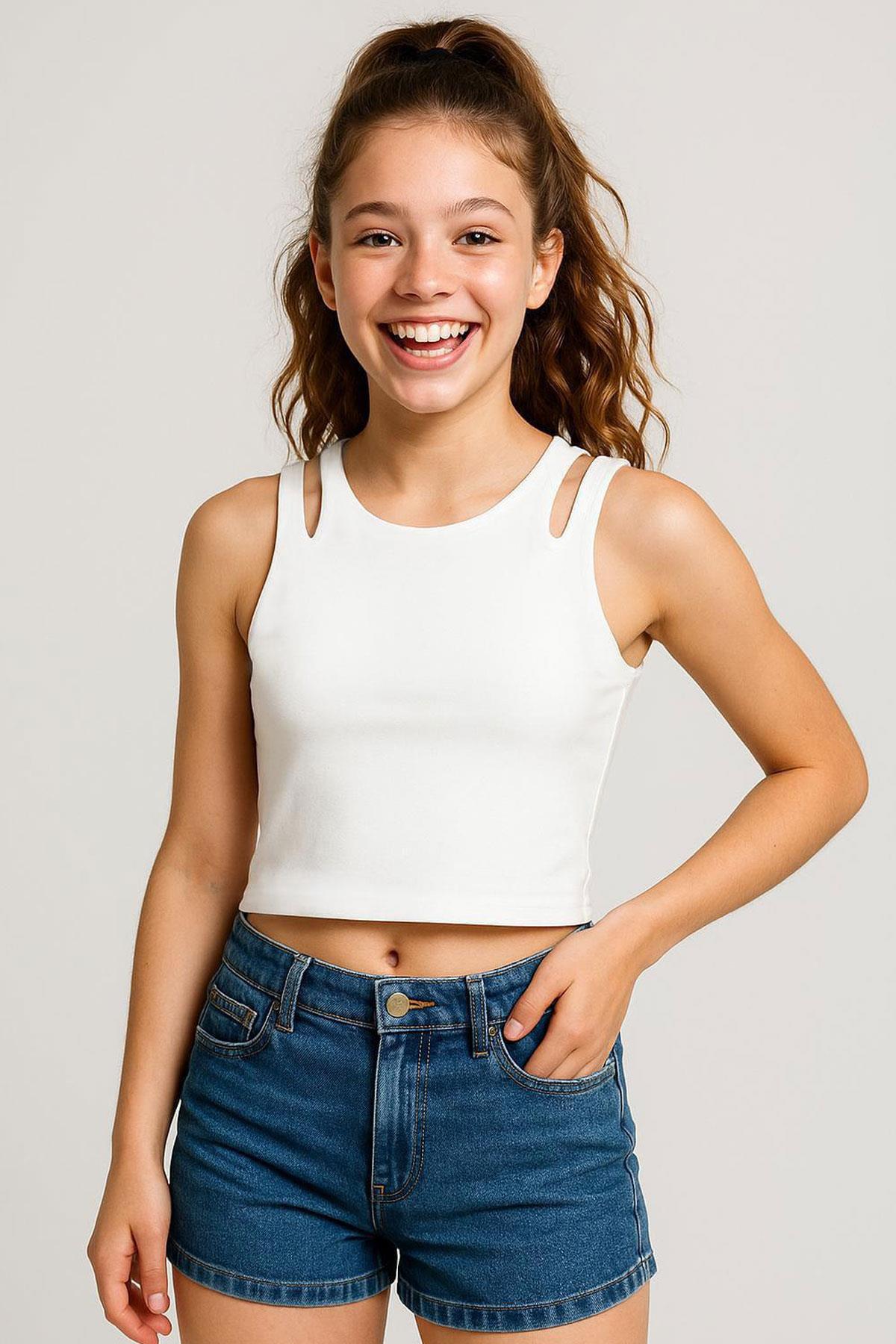 Breeze Kız Çocuk Crop Tişört Çift Askı Omuz Detaylı Ekru (9-16 Yaş)