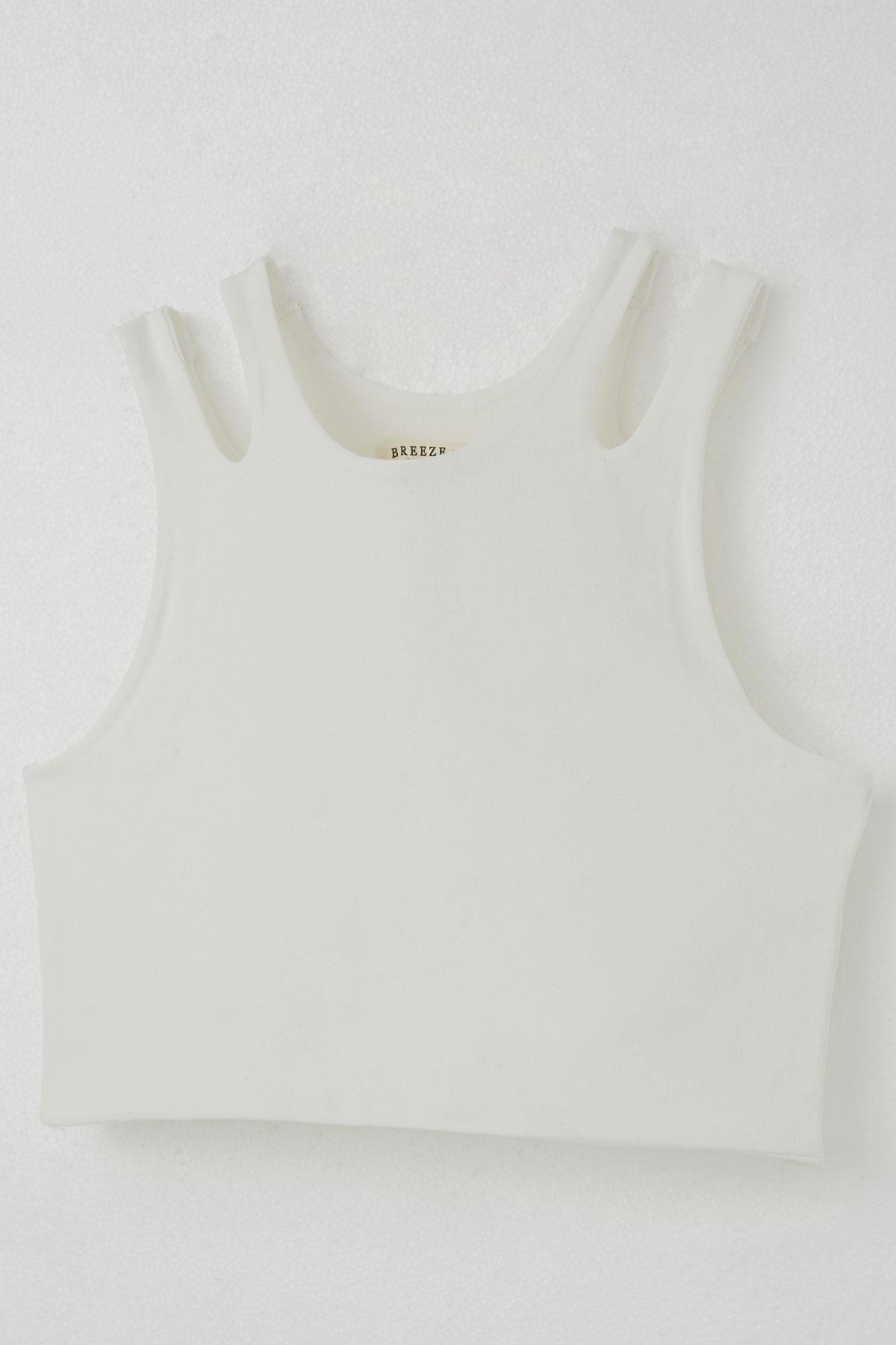 Breeze Kız Çocuk Crop Tişört Çift Askı Omuz Detaylı Ekru (9-16 Yaş)