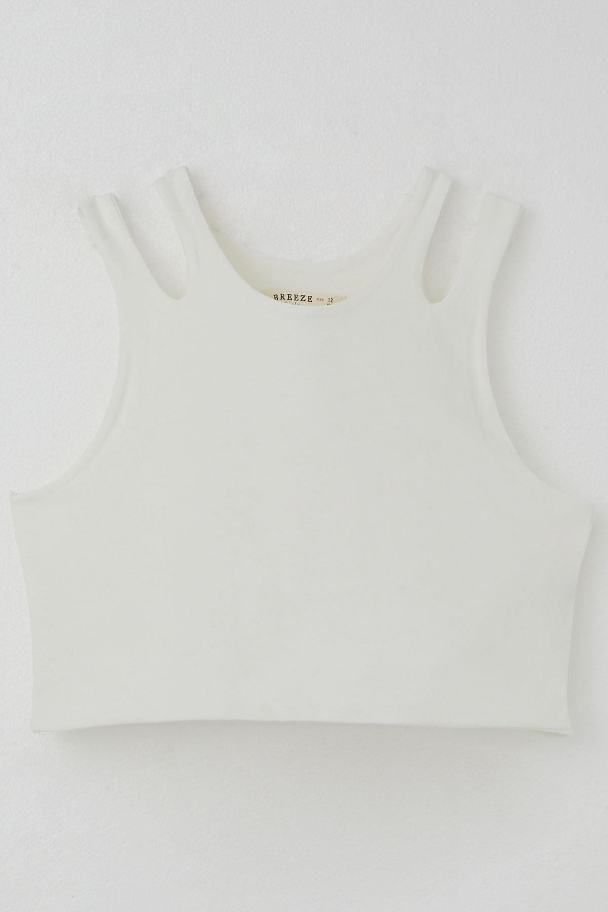 Breeze Kız Çocuk Crop Tişört Çift Askı Omuz Detaylı Ekru (14-16 Yaş)