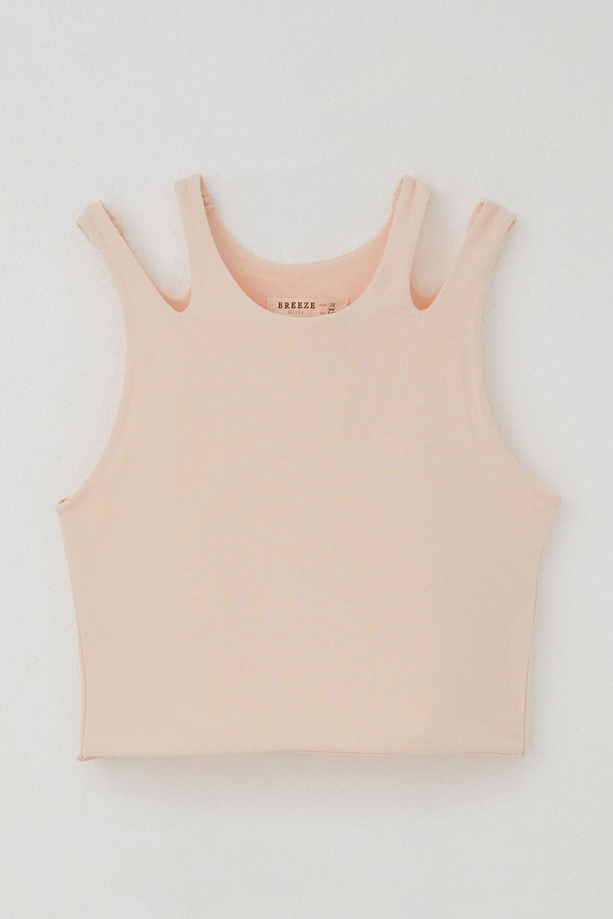 Breeze Kız Çocuk Crop Tişört Çift Askı Omuz Detaylı Somon (9-16 Yaş)