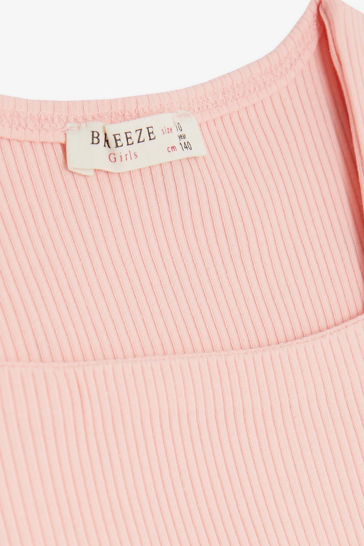 Breeze Kız Çocuk Crop Tişört Fitilli Kare Yaka Somon (9-14 Yaş)