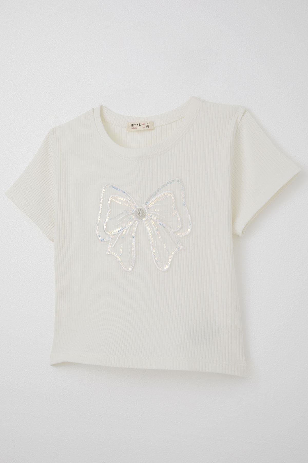 Breeze Kız Çocuk Crop Tişört Fiyonk Arma Aksesuarlı Ekru (9-14 Yaş)