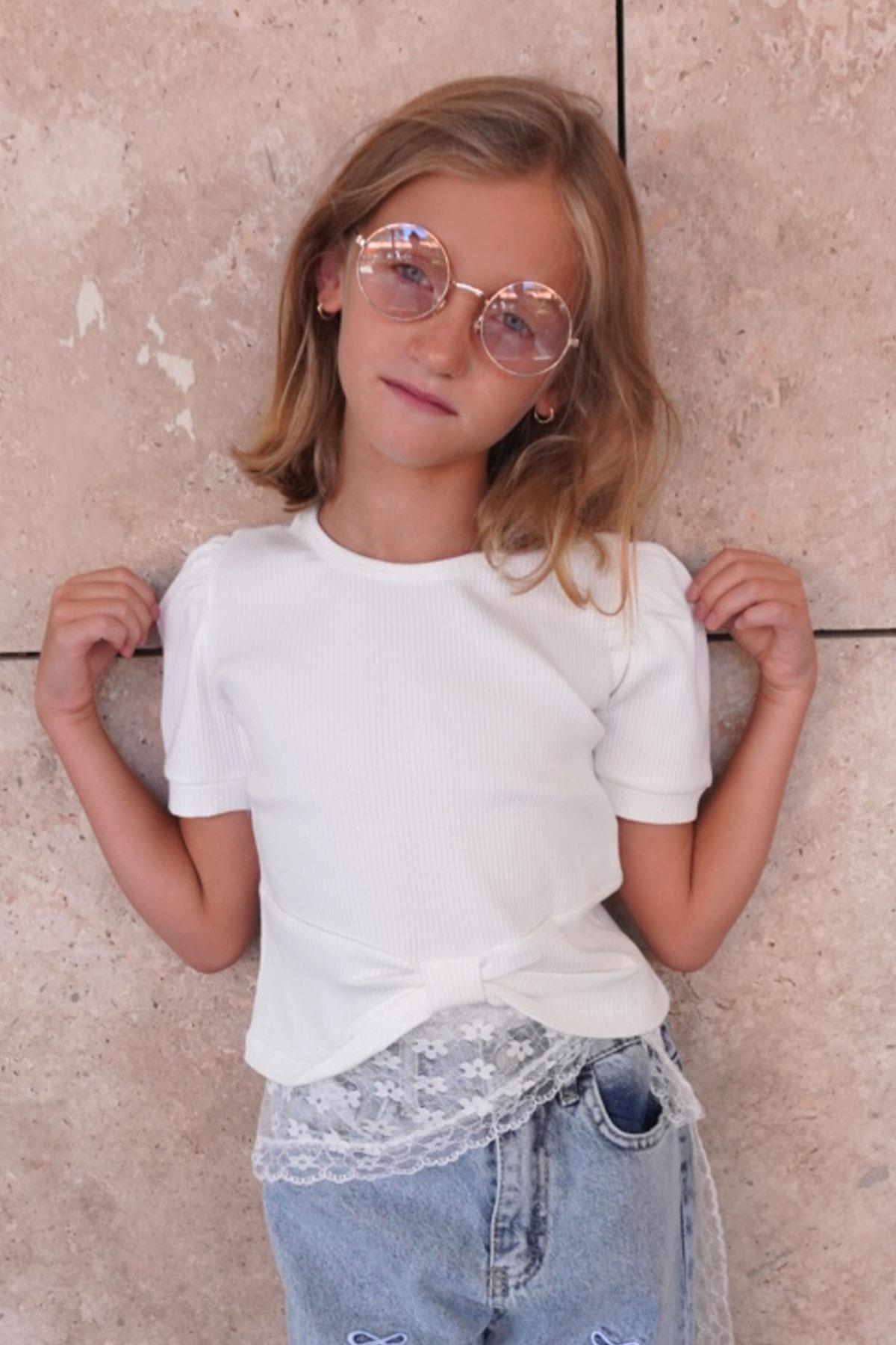 Breeze Kız Çocuk Crop Tişört Göbek Dekolte Detaylı Ekru (8-14 Yaş)