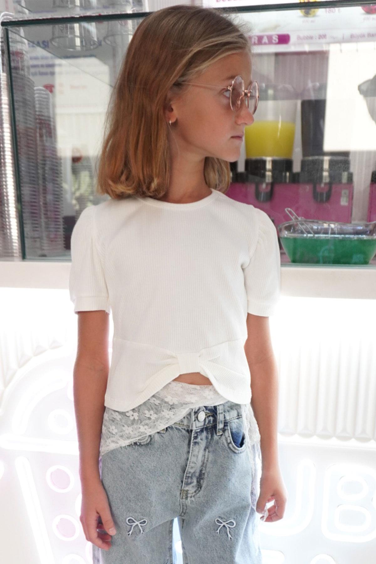 Breeze Kız Çocuk Crop Tişört Göbek Dekolte Detaylı Ekru (8-14 Yaş)