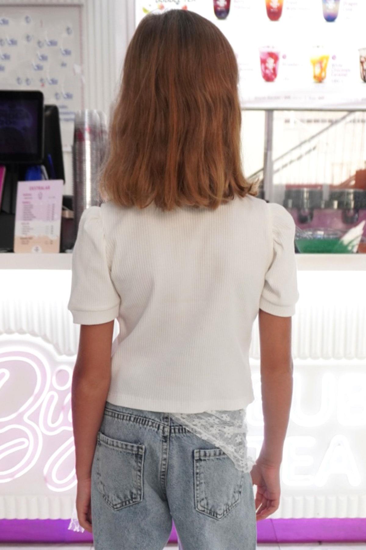 Breeze Kız Çocuk Crop Tişört Göbek Dekolte Detaylı Ekru (8-14 Yaş)