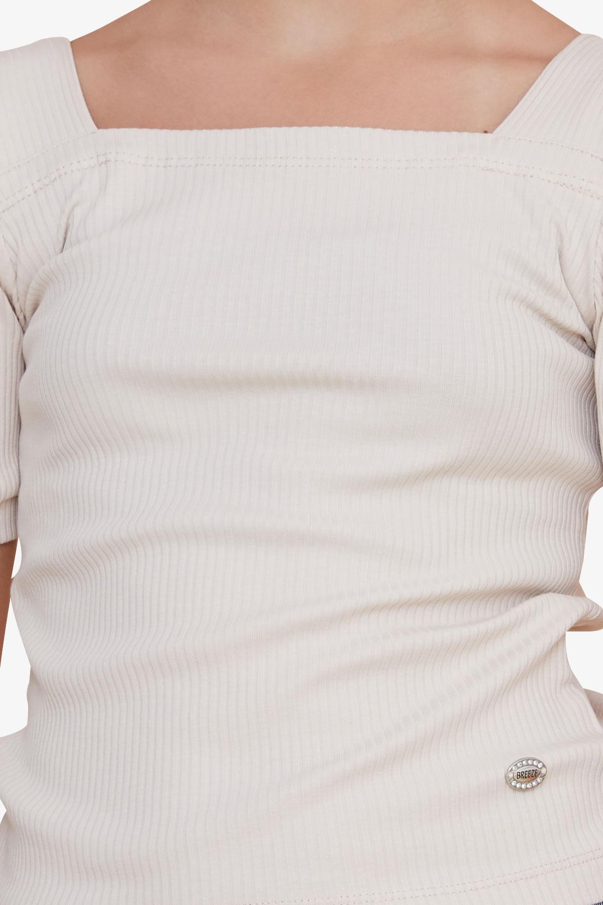 Breeze Kız Çocuk Crop Tişört Kare Yaka Bej (8-14 Yaş)