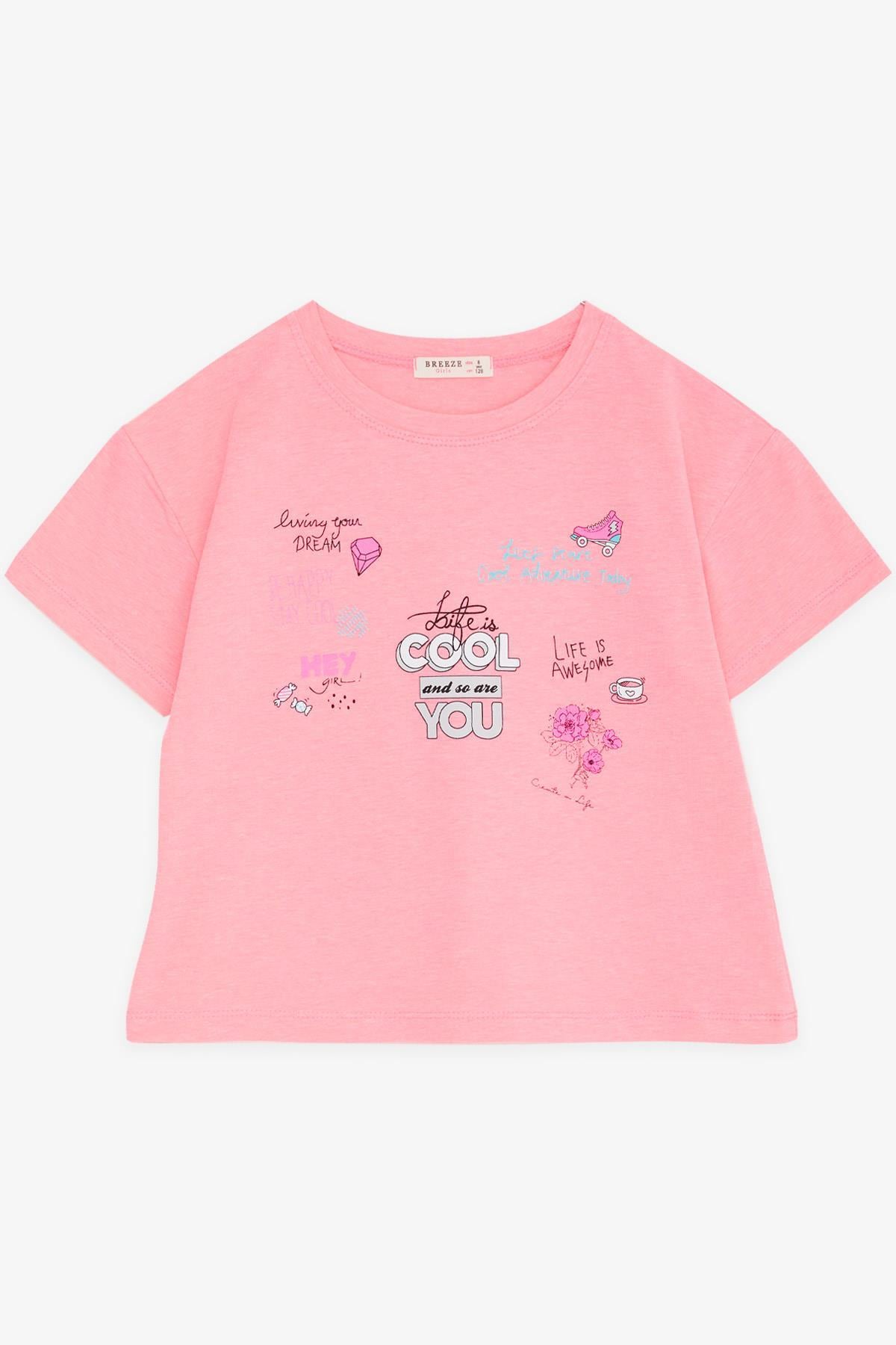 Breeze Kız Çocuk Crop Tişört Mutluluk Temalı Neon Pembe (8-14 Yaş)