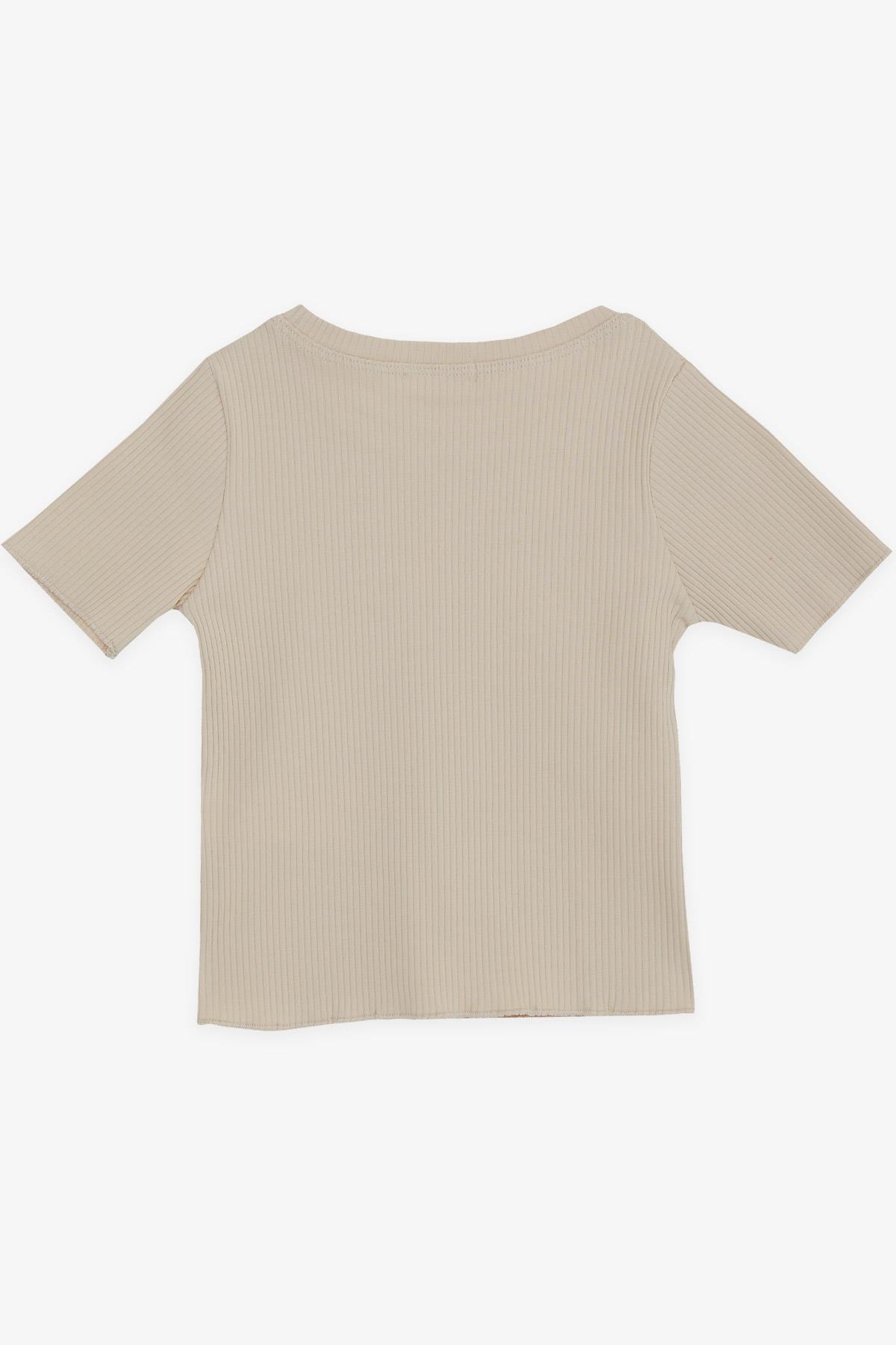Breeze Kız Çocuk Crop Tişört Nakışlı Yazı Baskılı Bej (8-14 Yaş)