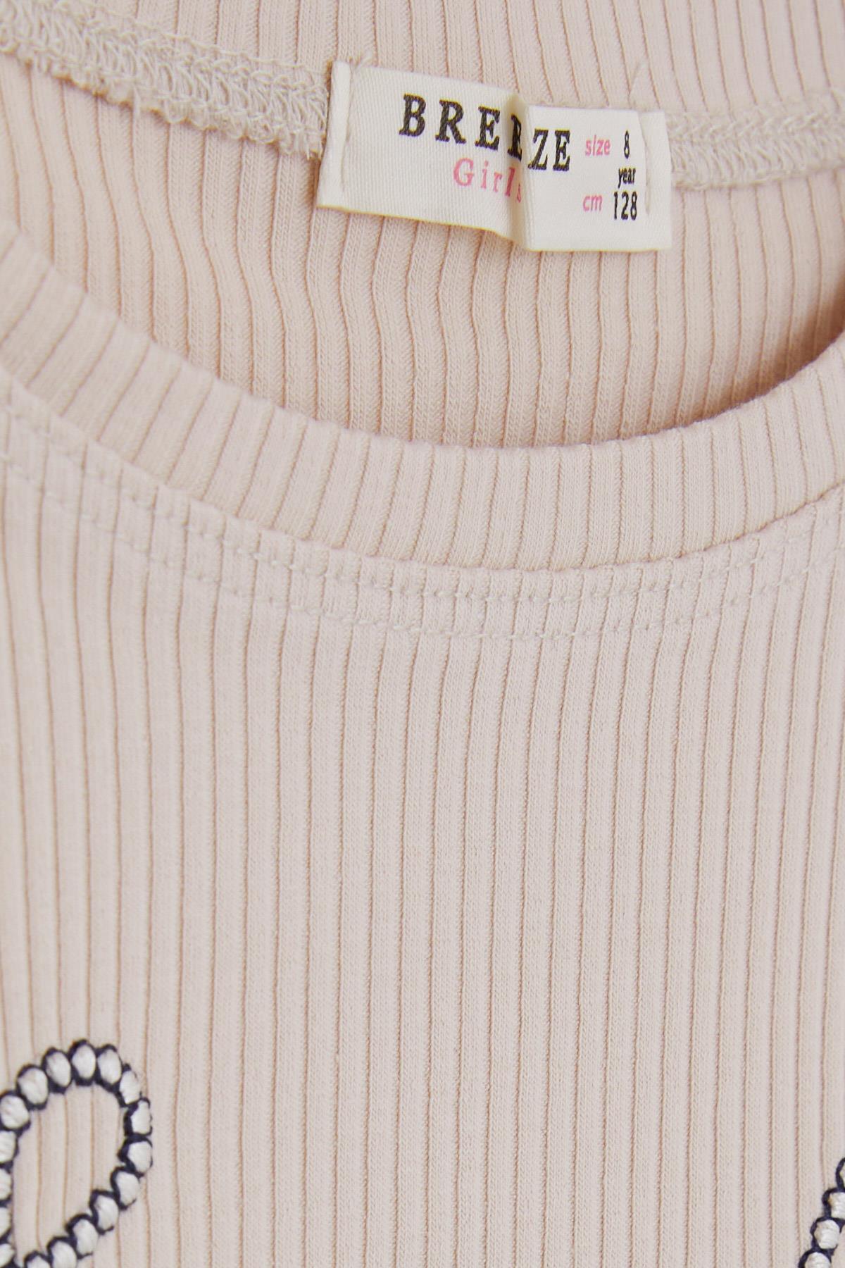 Breeze Kız Çocuk Crop Tişört Nakışlı Yazı Baskılı Bej (8-14 Yaş)