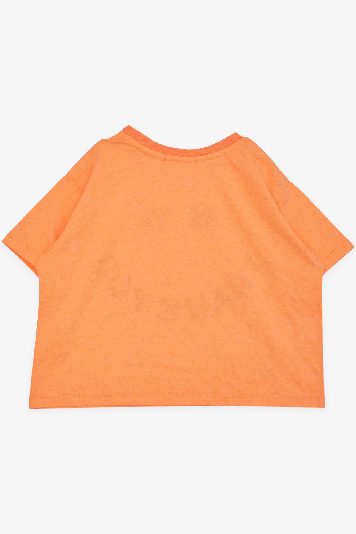 Breeze Kız Çocuk Crop Tişört Simli Yazı Baskılı Neon Turuncu (9-14 Yaş)