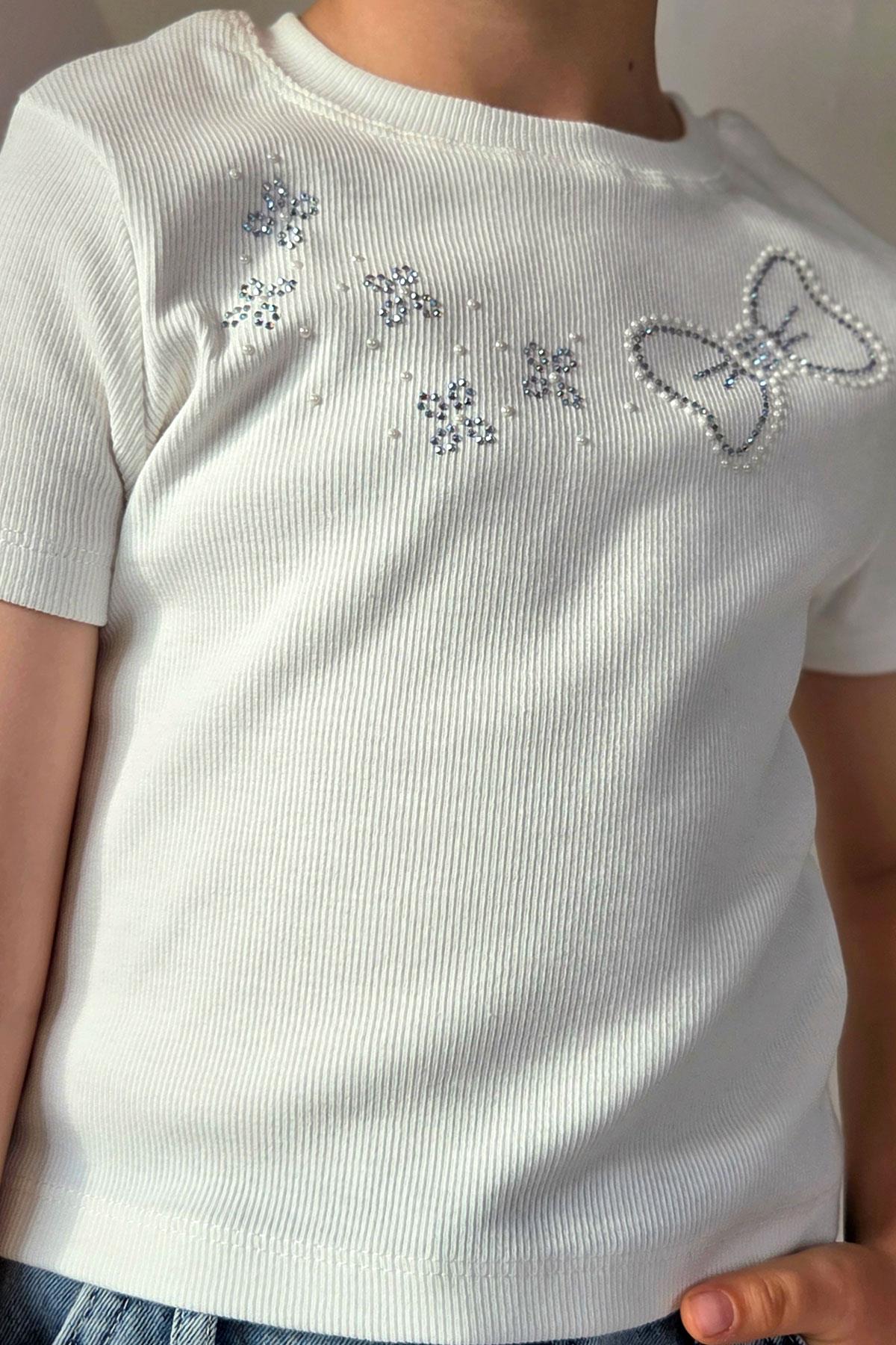 Breeze Kız Çocuk Crop Tişört Taşlı Fiyonk Baskılı Ekru (7-12 Yaş)