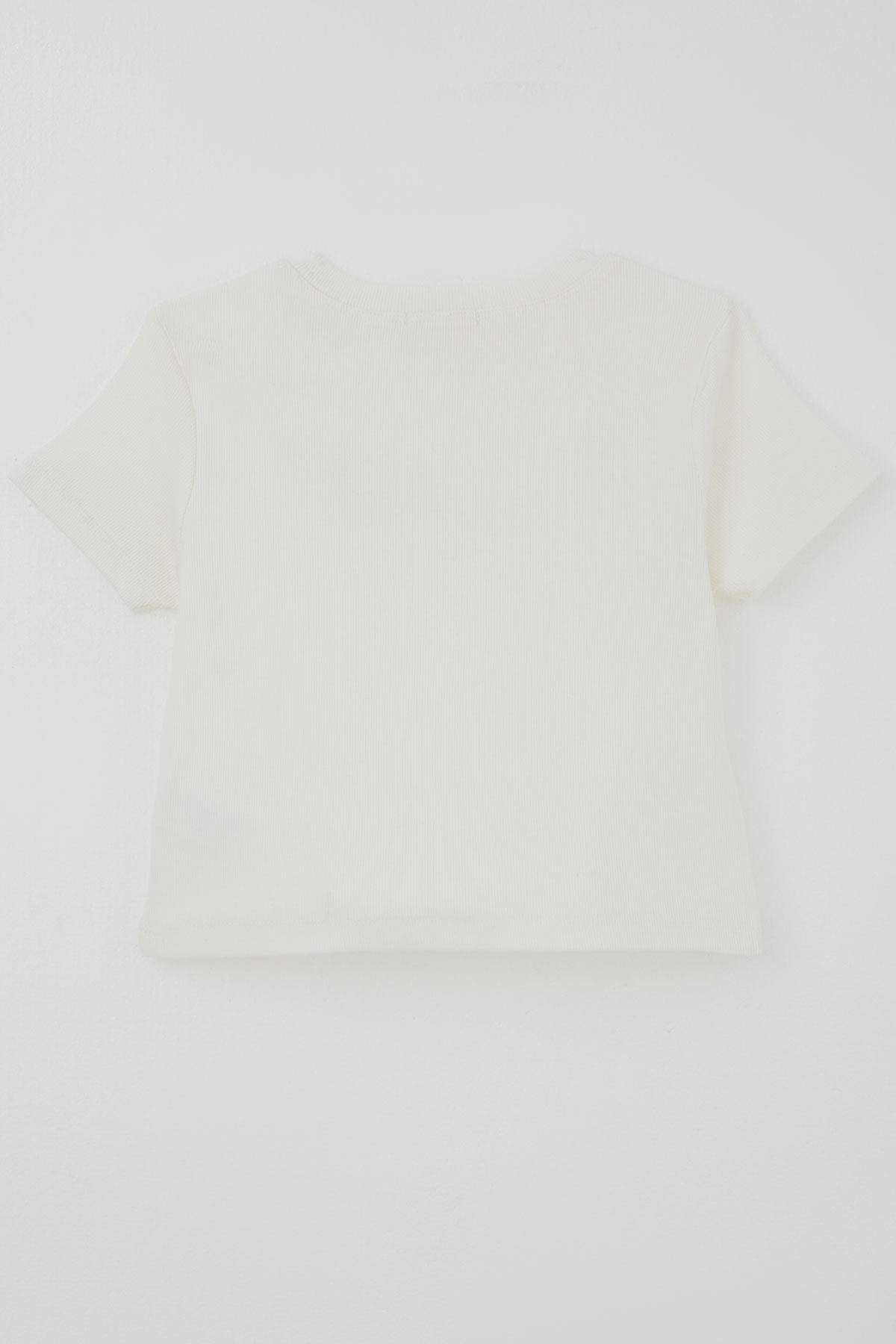Breeze Kız Çocuk Crop Tişört Taşlı Fiyonk Baskılı Ekru (7-12 Yaş)