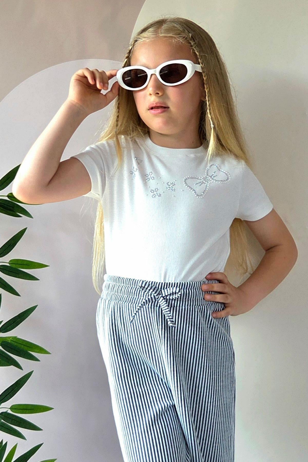 Breeze Kız Çocuk Crop Tişört Taşlı Fiyonk Baskılı Ekru (7-12 Yaş)