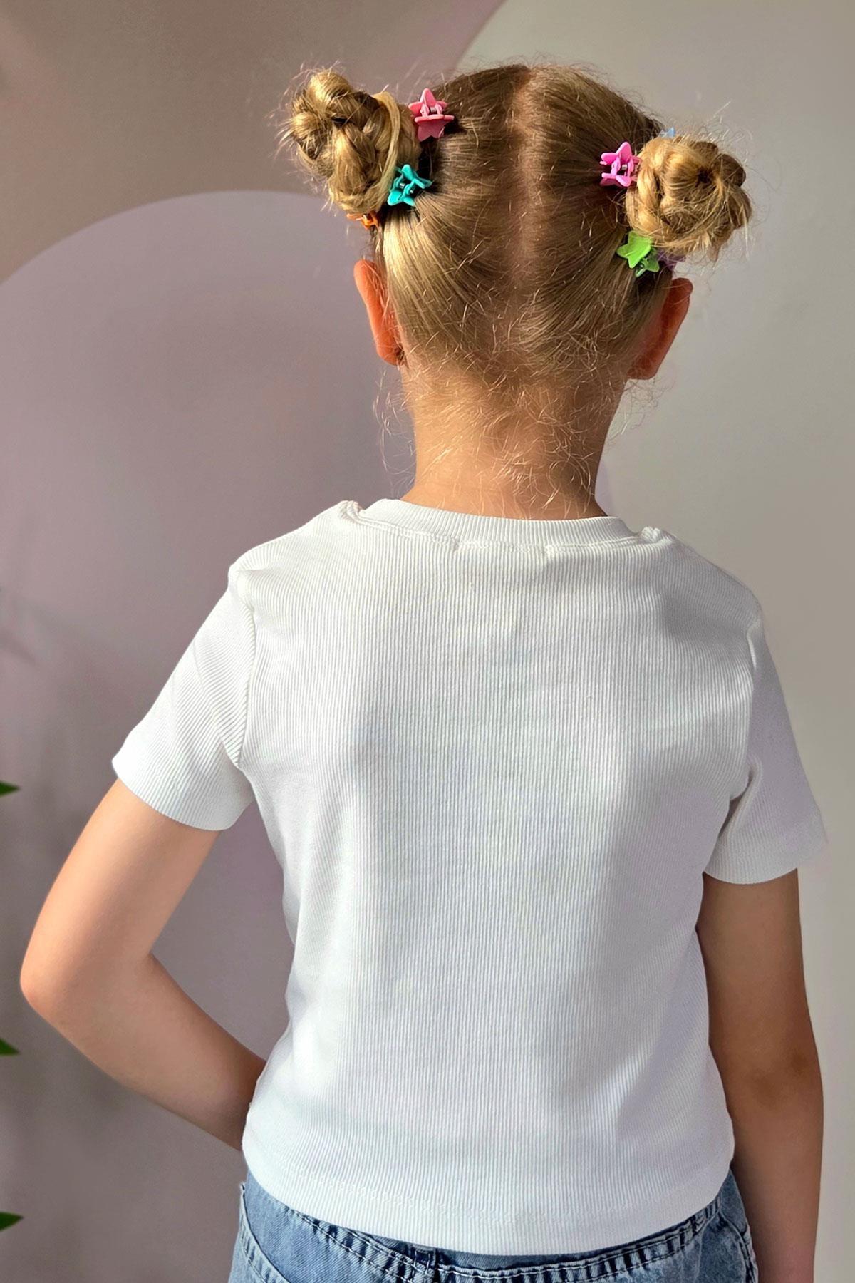 Breeze Kız Çocuk Crop Tişört Taşlı Fiyonk Baskılı Ekru (7-12 Yaş)