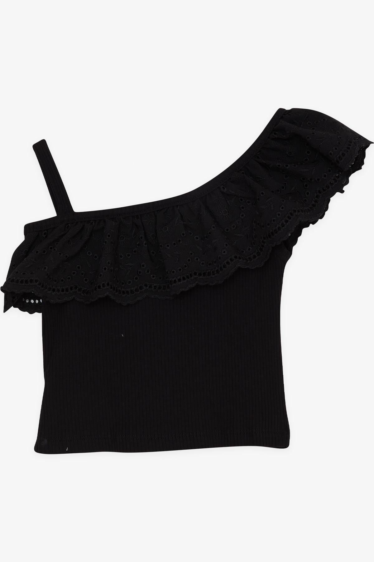 Breeze Kız Çocuk Crop Tişört Tek Omuzlu Güpür Detaylı Siyah (2-6 Yaş)