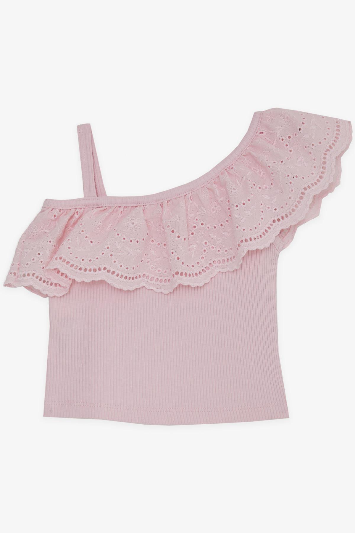Breeze Kız Çocuk Crop Tişört Tek Omuzlu Güpür Detaylı Pembe (2-6 Yaş)