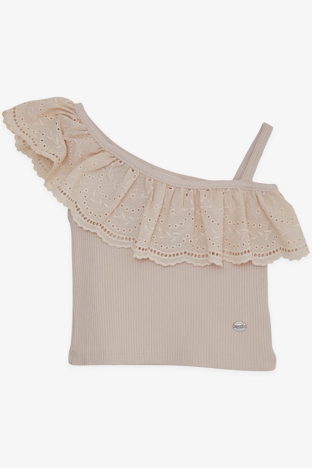 Breeze Kız Çocuk Crop Tişört Tek Omuzlu Güpür Detaylı Bej (2-6 Yaş)
