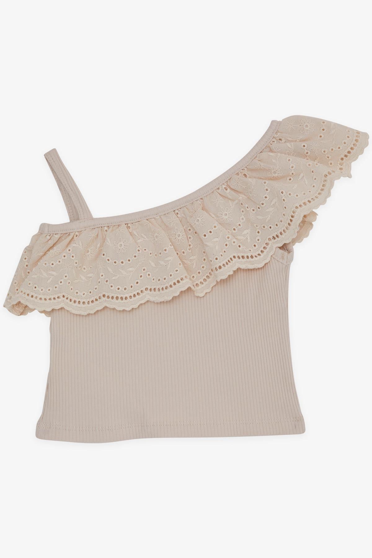 Breeze Kız Çocuk Crop Tişört Tek Omuzlu Güpür Detaylı Bej (2-6 Yaş)
