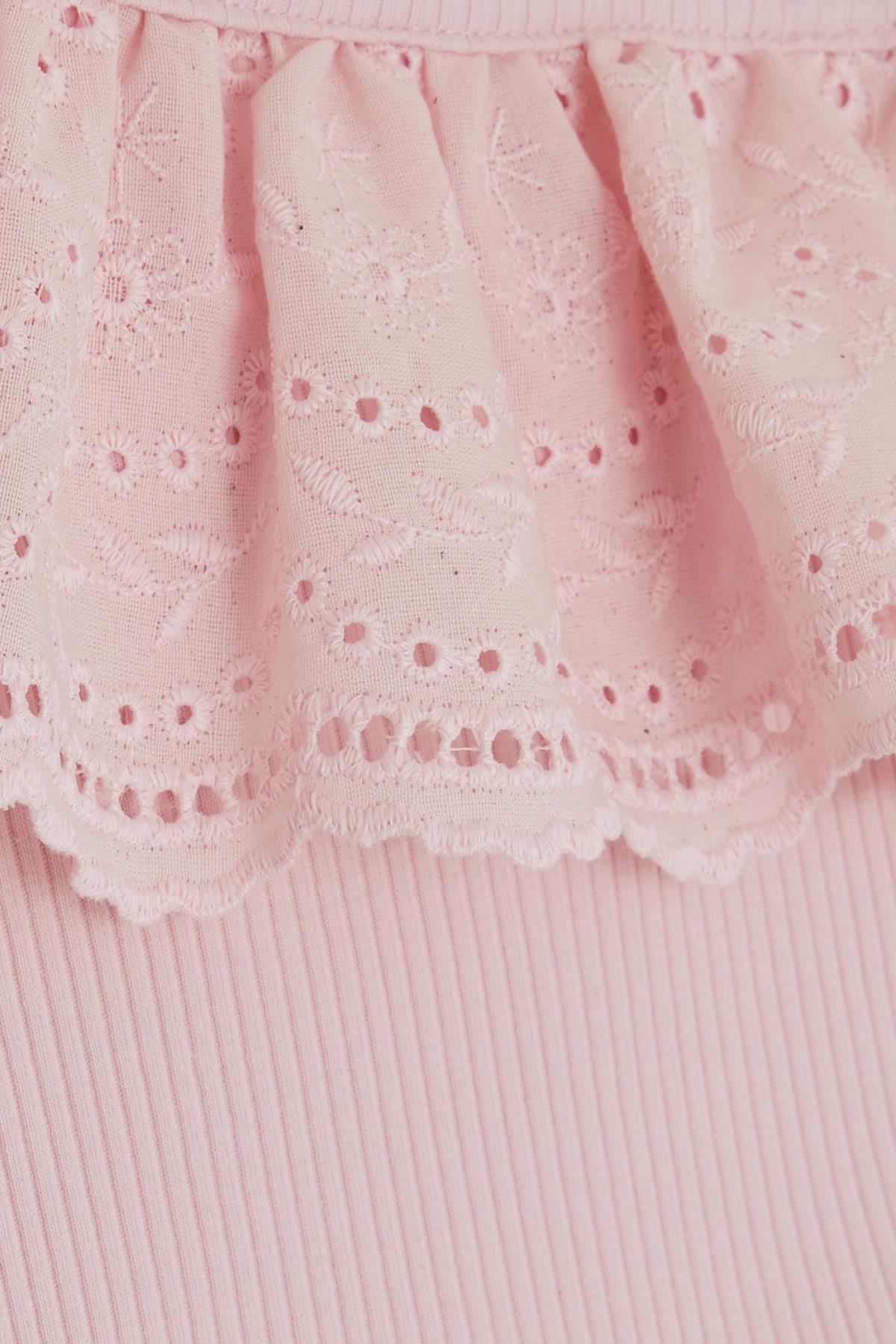 Breeze Kız Çocuk Crop Tişört Tek Omuzlu Güpür Detaylı Pembe (2-6 Yaş)