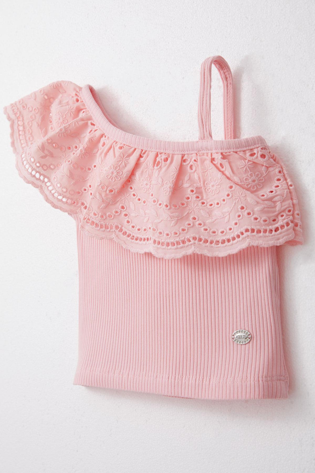 Breeze Kız Çocuk Crop Tişört Tek Omuzlu Güpür Detaylı Pembe (2-6 Yaş)
