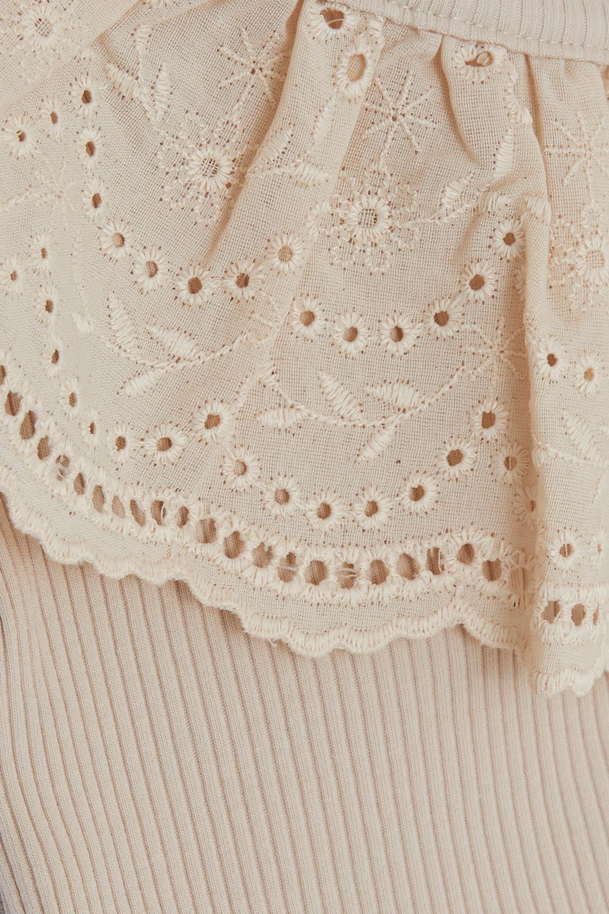 Breeze Kız Çocuk Crop Tişört Tek Omuzlu Güpür Detaylı Bej (2-6 Yaş)