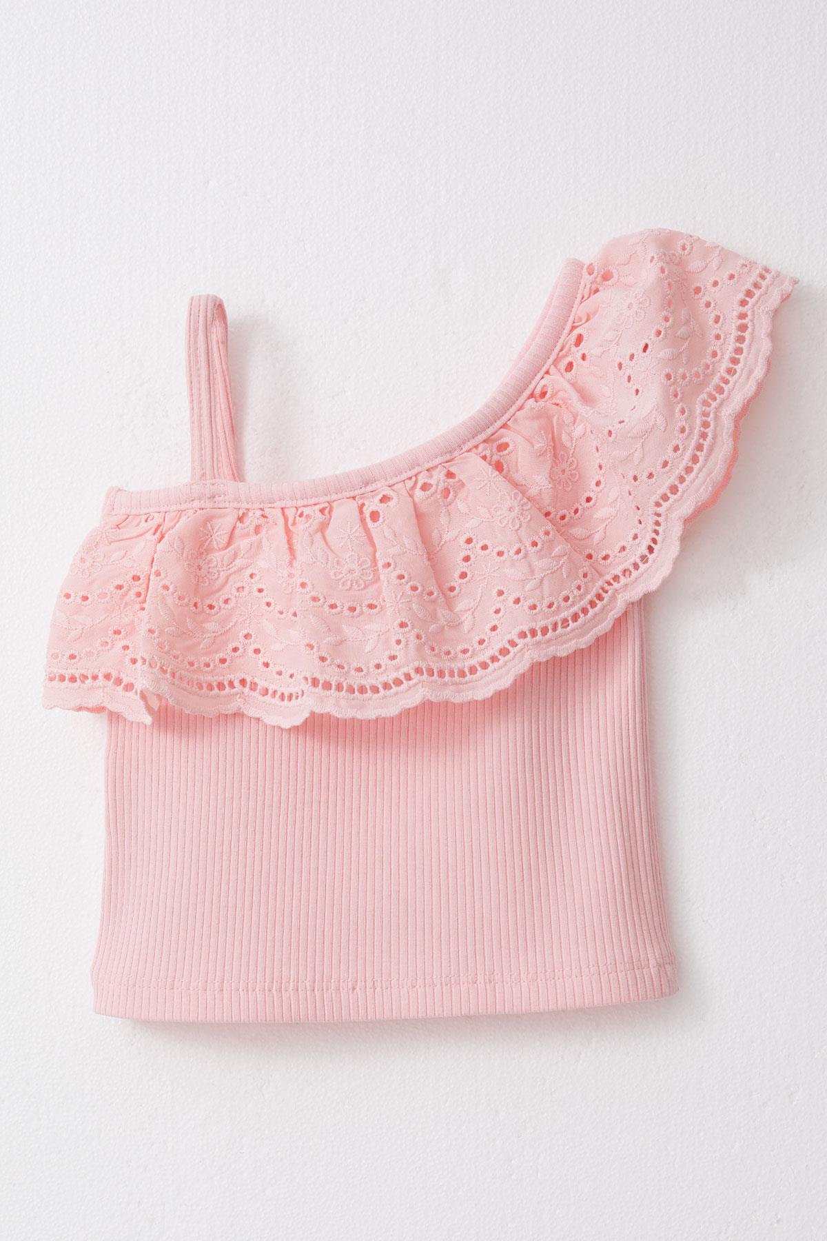 Breeze Kız Çocuk Crop Tişört Tek Omuzlu Güpür Detaylı Pembe (2-6 Yaş)