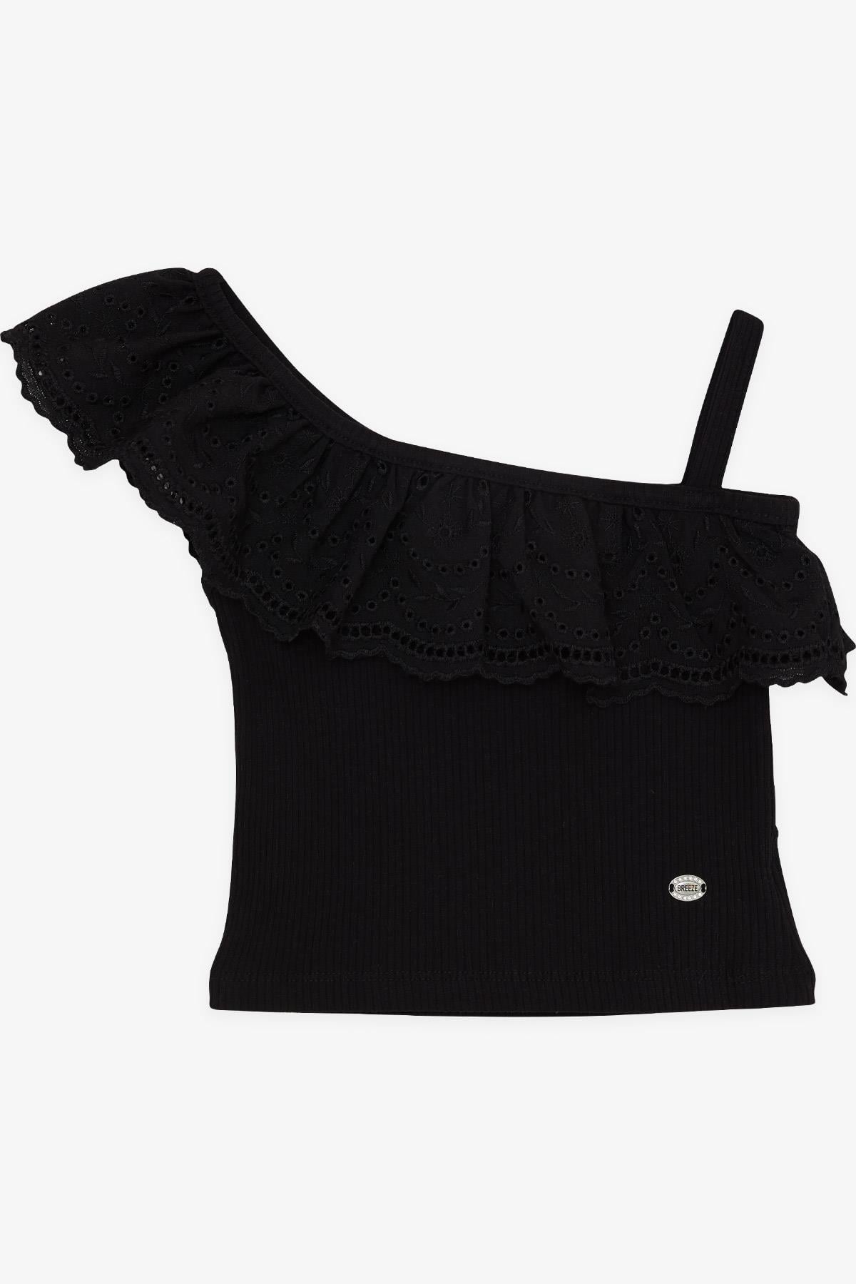 Breeze Kız Çocuk Crop Tişört Tek Omuzlu Güpür Detaylı Siyah (2-6 Yaş)
