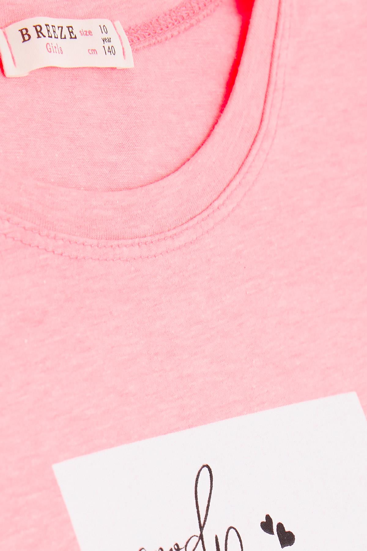 Breeze Kız Çocuk Crop Tişört Yazı Baskılı Yanları Yırtmaçlı Neon Pembe (9-14 Yaş)